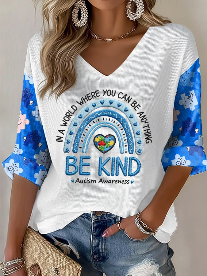 Autism Awareness V-Neck Long Sleeve Shirt Be Kind Clothing Gift For Autism Mom