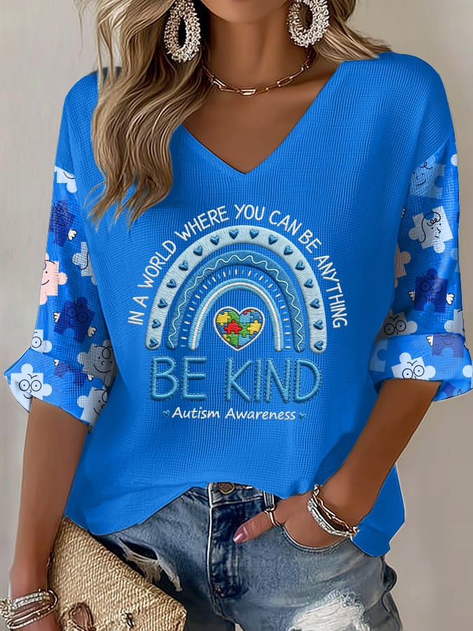 Autism Awareness V-Neck Long Sleeve Shirt Be Kind Clothing Gift For Autism Mom - Image 2