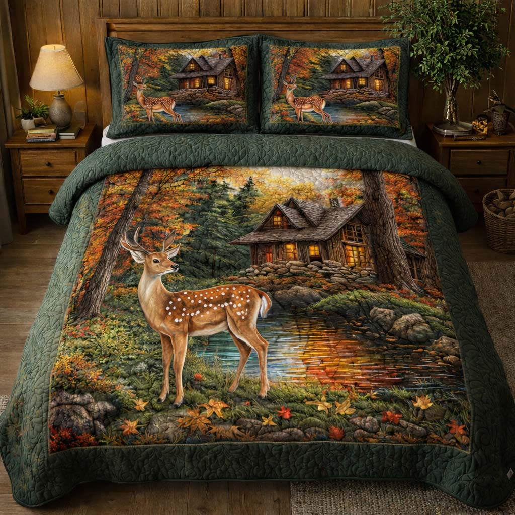 Autumn Cabin Deer Quilted Bedding Set Best Sheets Ever Cool Gifts For Deer Hunters