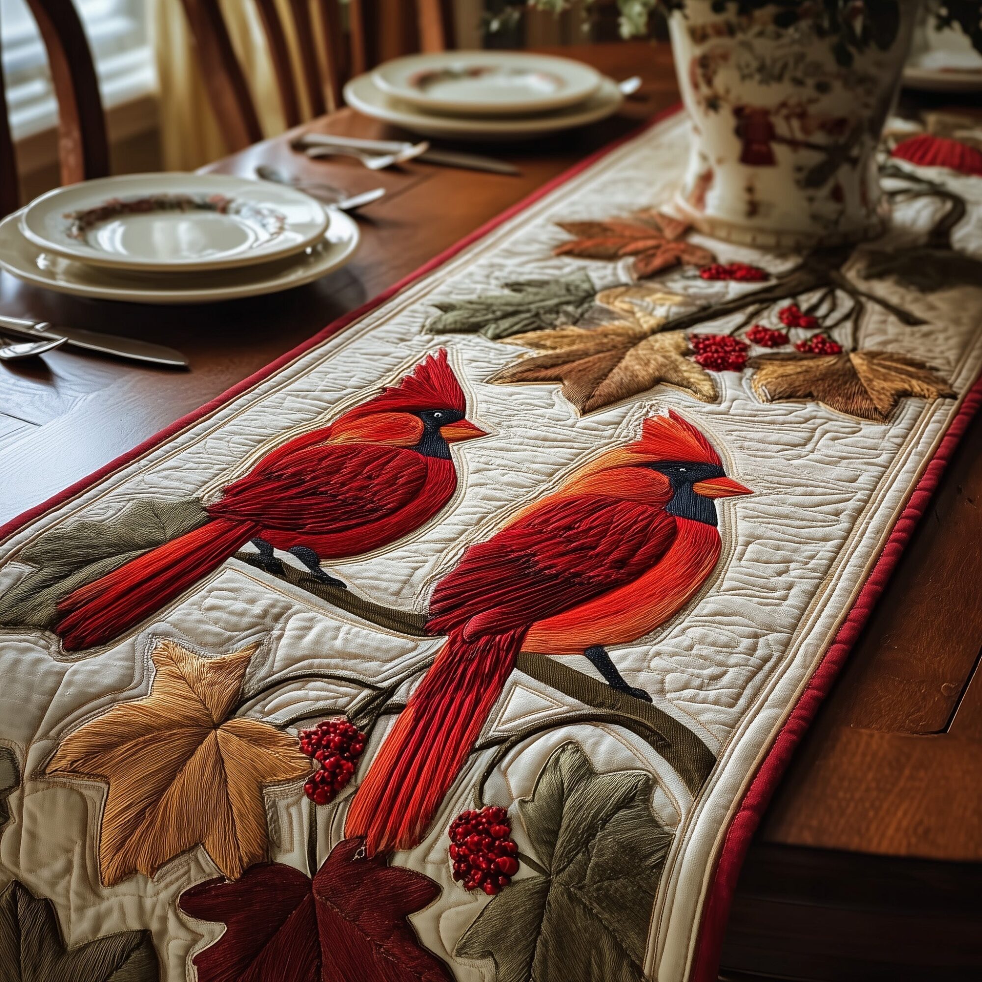 Autumn Cardinals Quilted Table Runner Dining Decor Red Cardinal Gifts Ideas