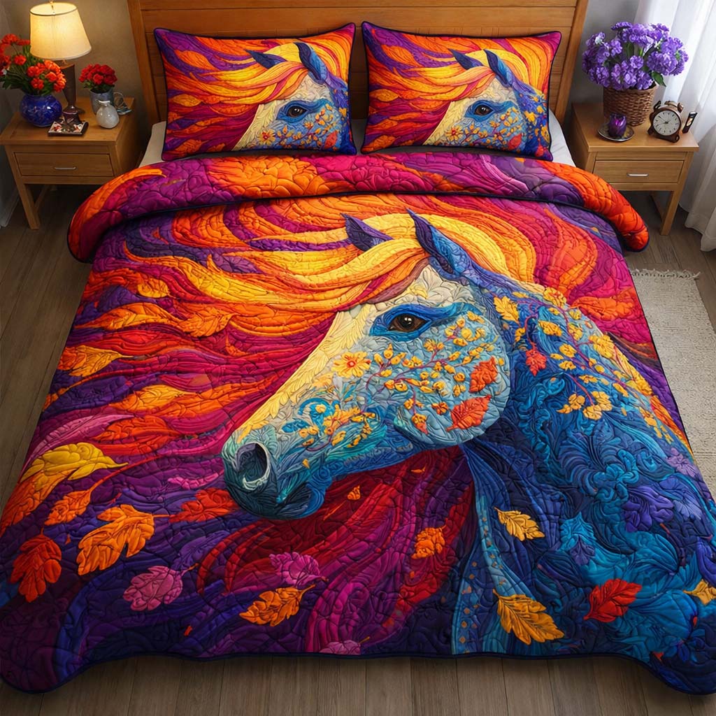 Autumn Flame Mustang Quilted Bedding Set Unique Bed Sheet Set Gift Ideas For Horse Lovers