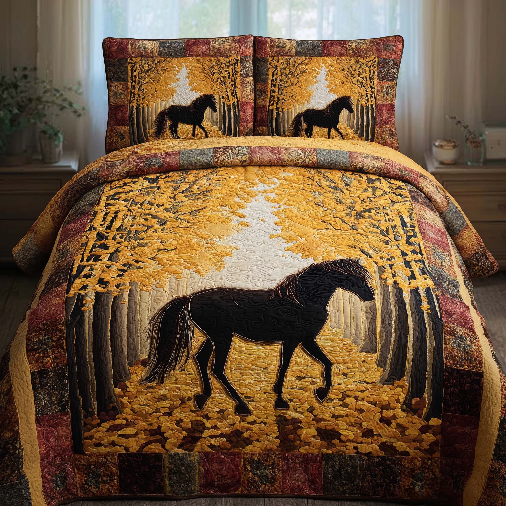 Autumn Forest Horse Quilted Bedding Set Cool Bedroom Ideas Horsey Gifts For Friends