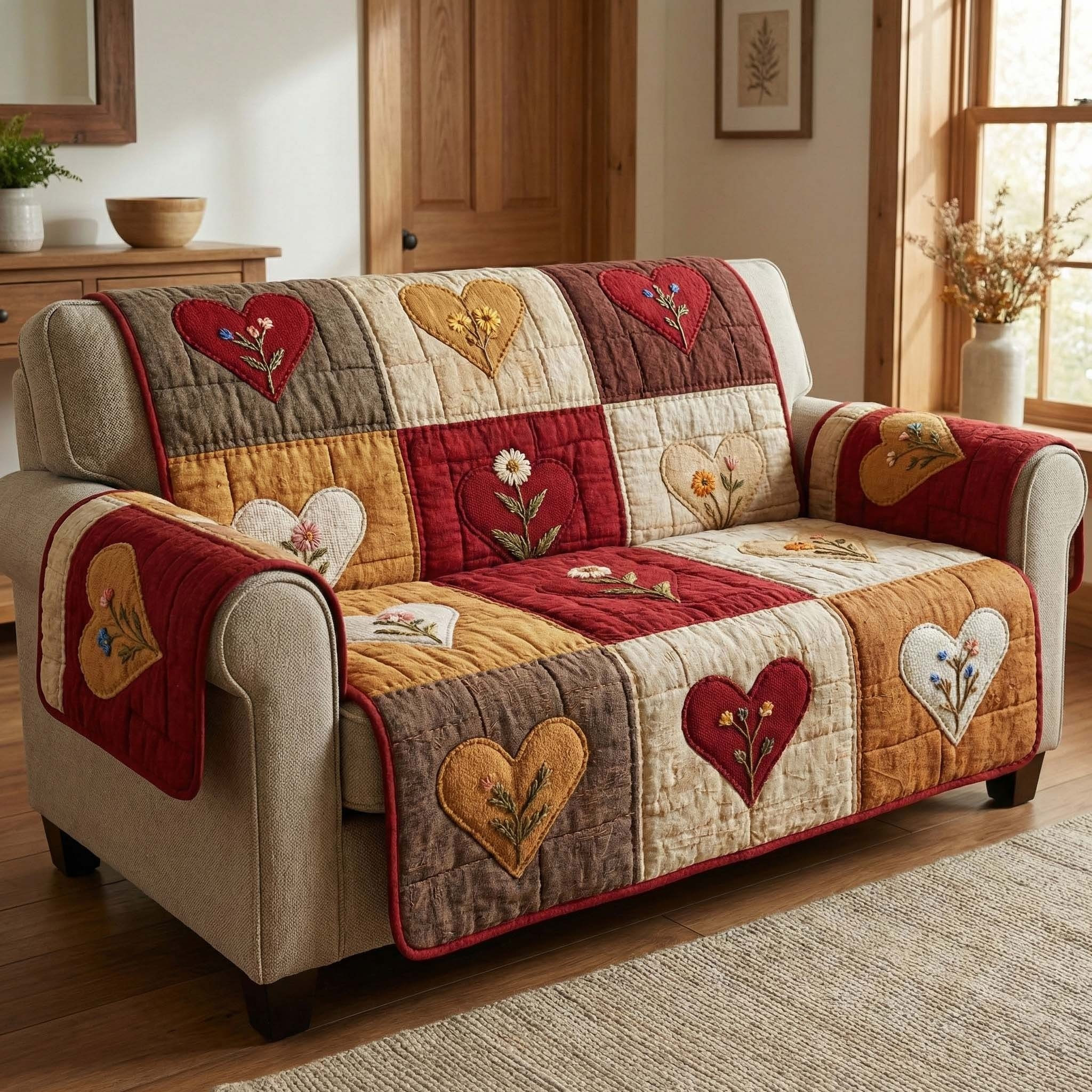 Autumn Hearts Quilted Sofa Cover Cute Patchwork Sofa Protector Best Mother's Day Gifts