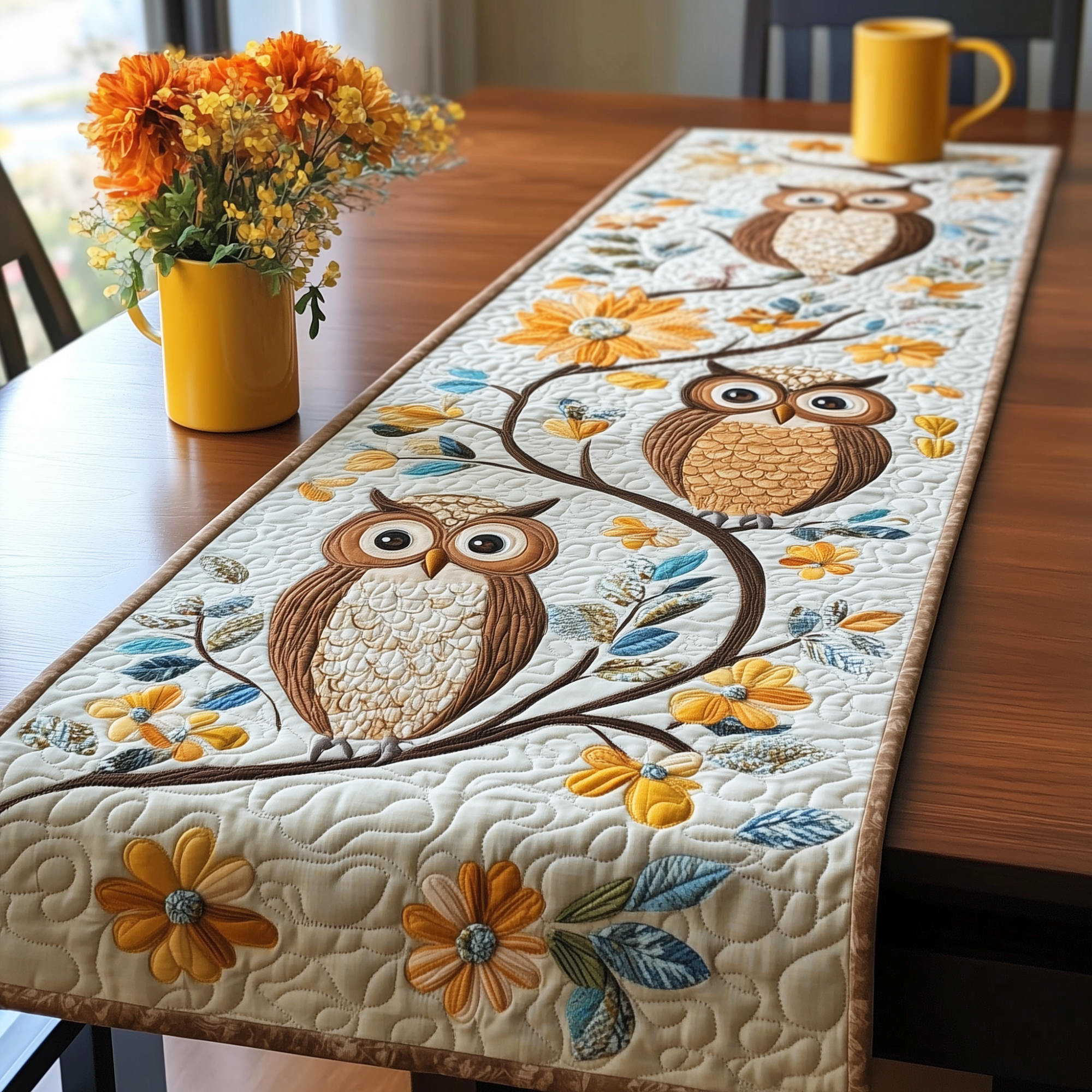 Autumn Owl Symphony Quilted Table Runner Dining Table Decor Unique Owl Gifts