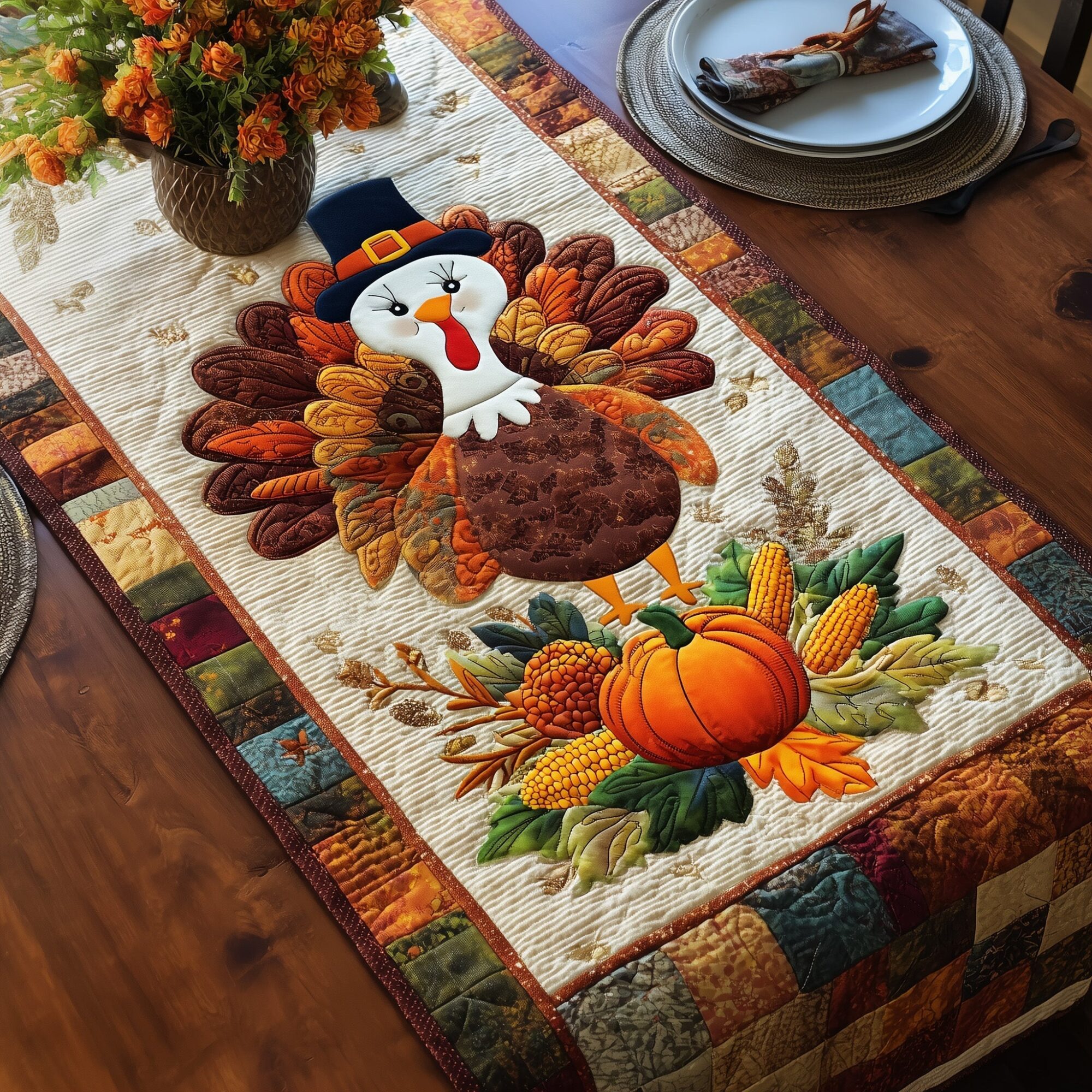 Autumn Turkey Quilted Table Runner Thanksgiving Table Runner Decor Thanksgiving Gifts For Clients