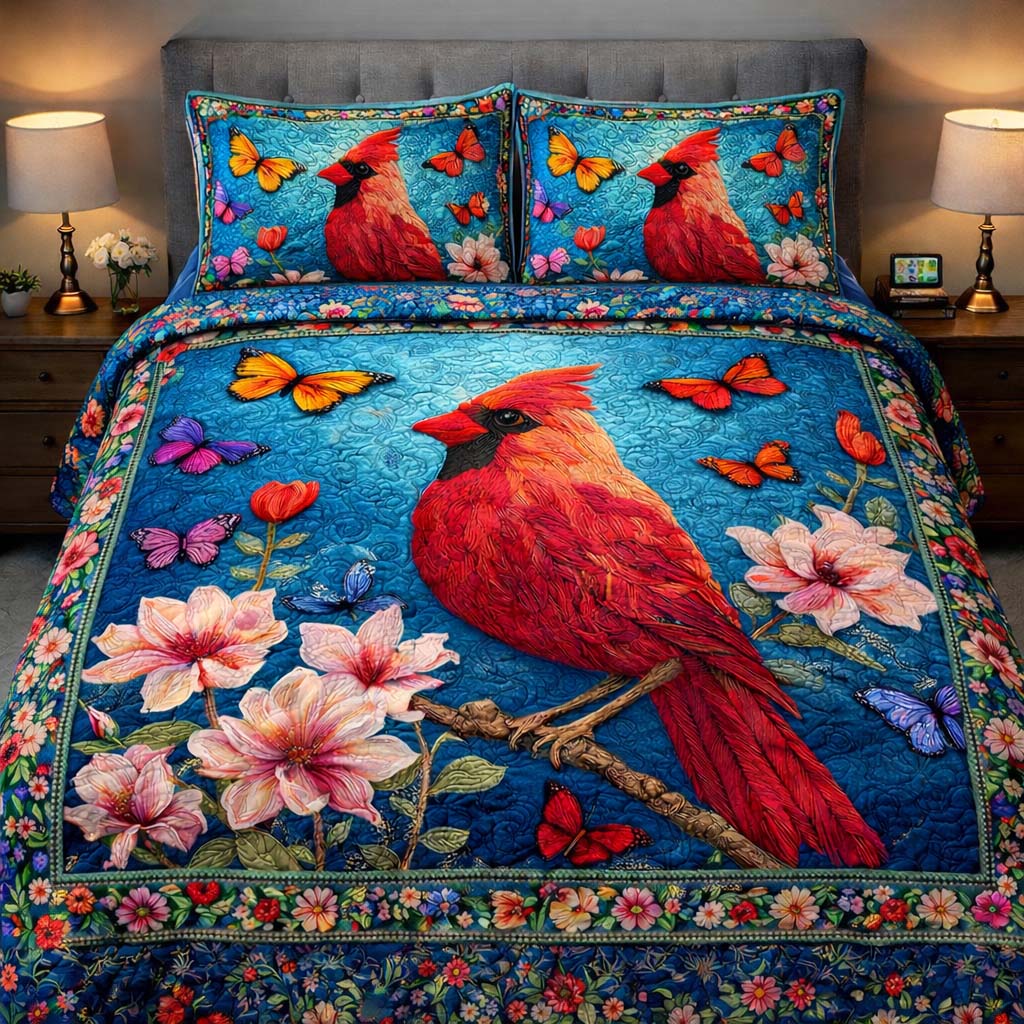 Azure Cardinal Garden Quilted Bedding Set Best Sheets Ever Red Cardinal Gifts For Mom