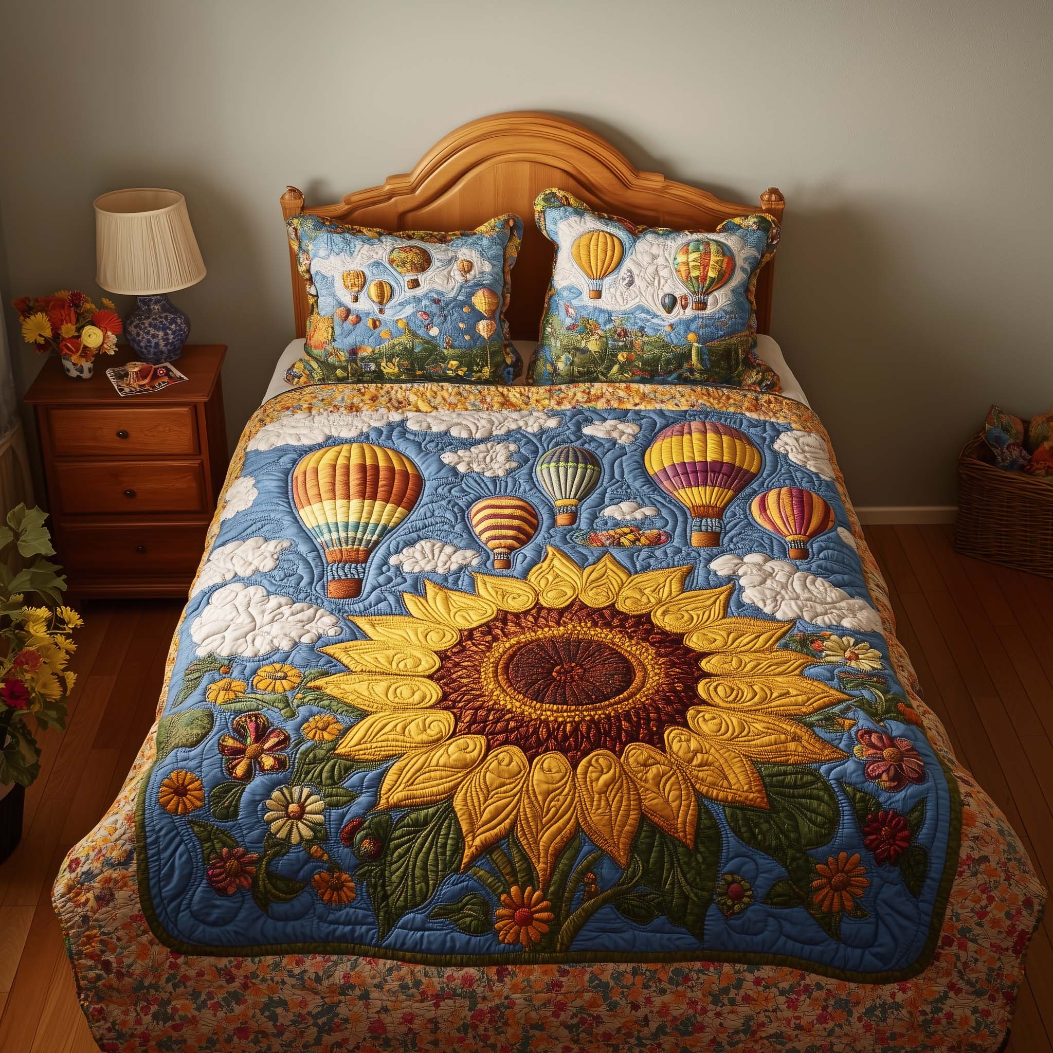 Balloon Sunflower Quilted Bedding Set Best Queen Sheets Sunflower Presents Merchandise