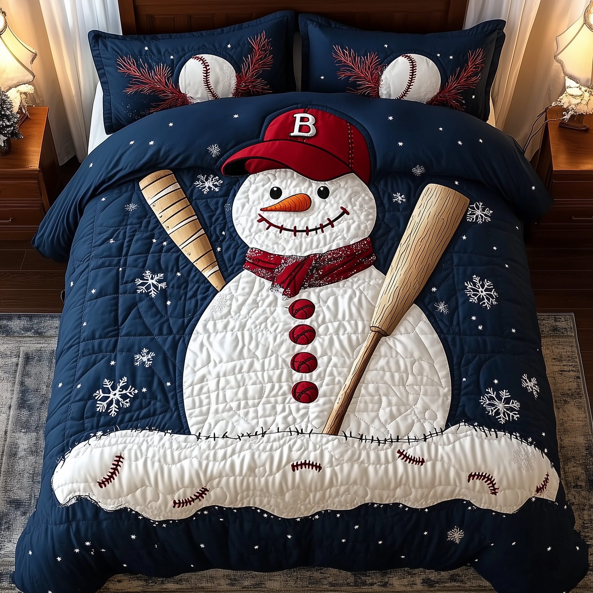 Baseball Snowman Quilted Bedding Set Christmas Quilt Sets Christmas Presents