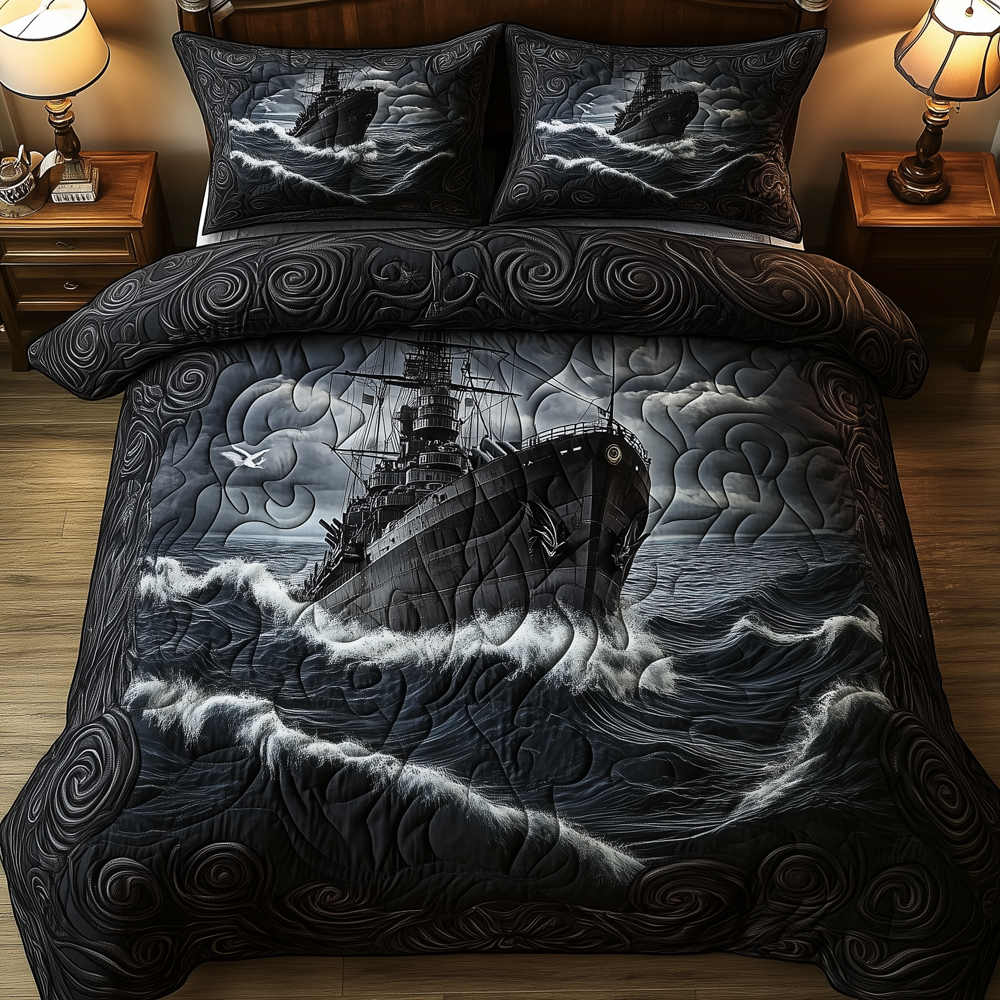 Battle Ship in the Storm Quilted Bedding Set Best Fitted Sheets Gift Ideas For Mother In Law
