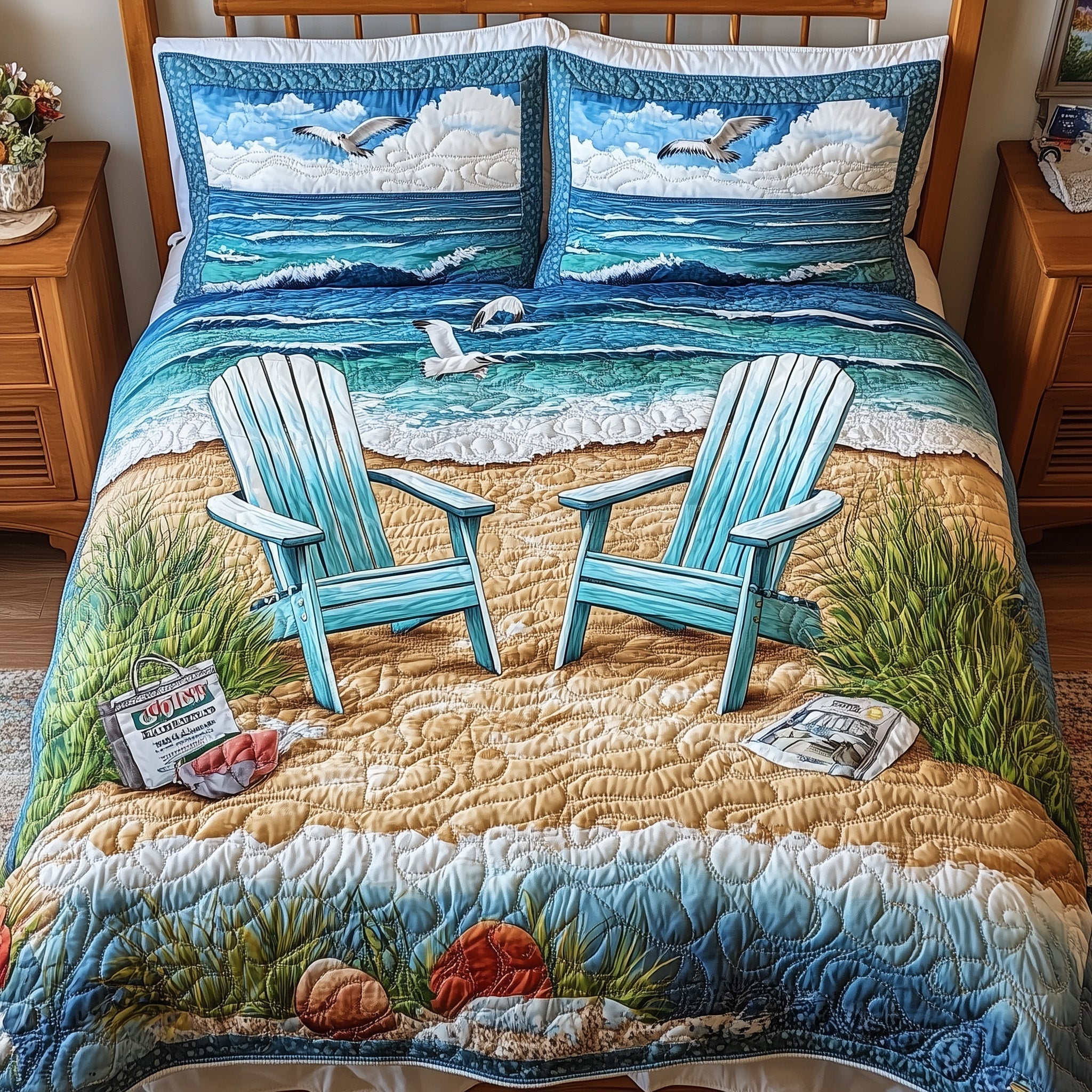 Beach Vibe Quilted Bedding Set Bed Bedding Set Beach Lovers Gift Ideas