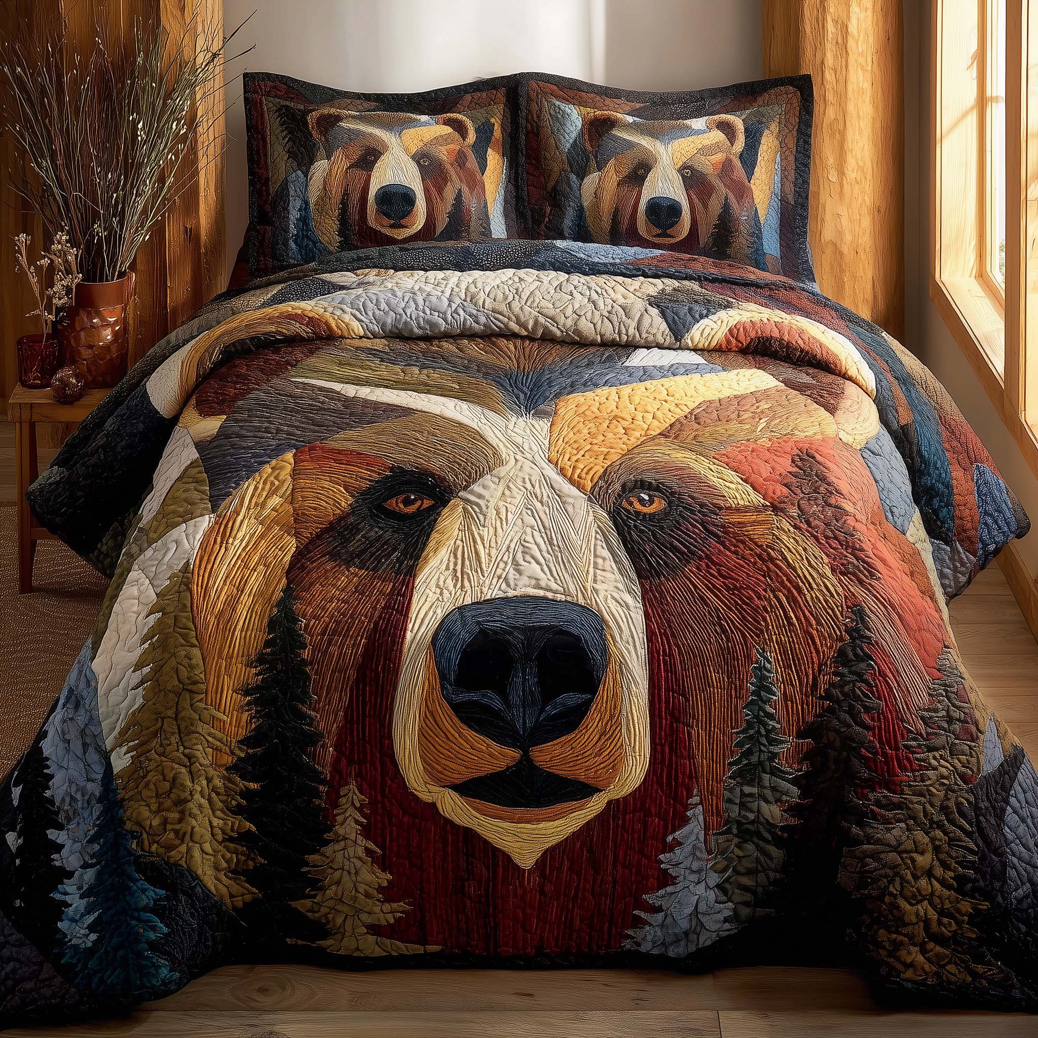 Bear Brave Quilted Bedding Set Bed Room Art Best Unique Gifts For Bear Lovers