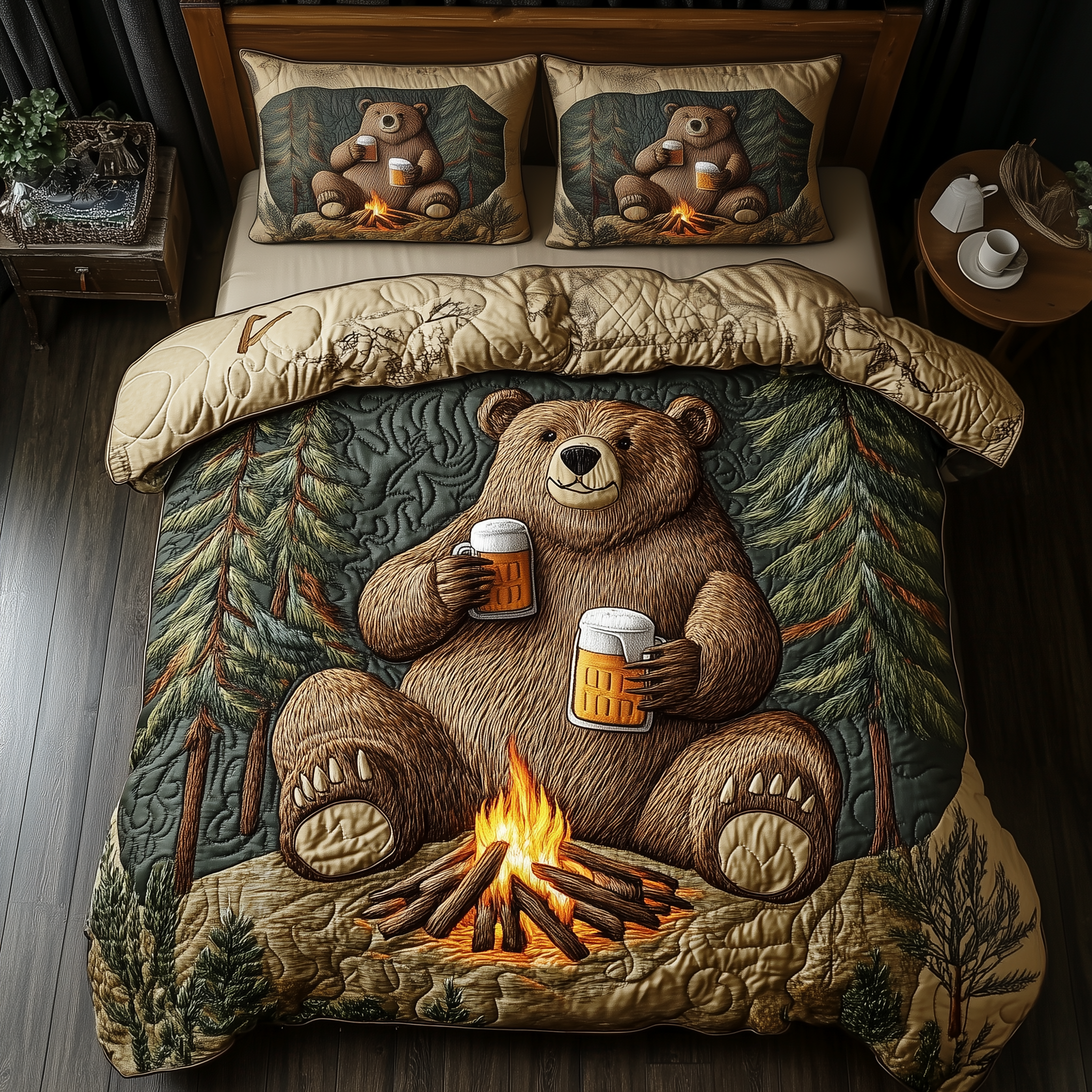 Bear Drinks Beer Camping Quilted Bedding Set Unusual Bed Sheets Best Bear Gift Ideas