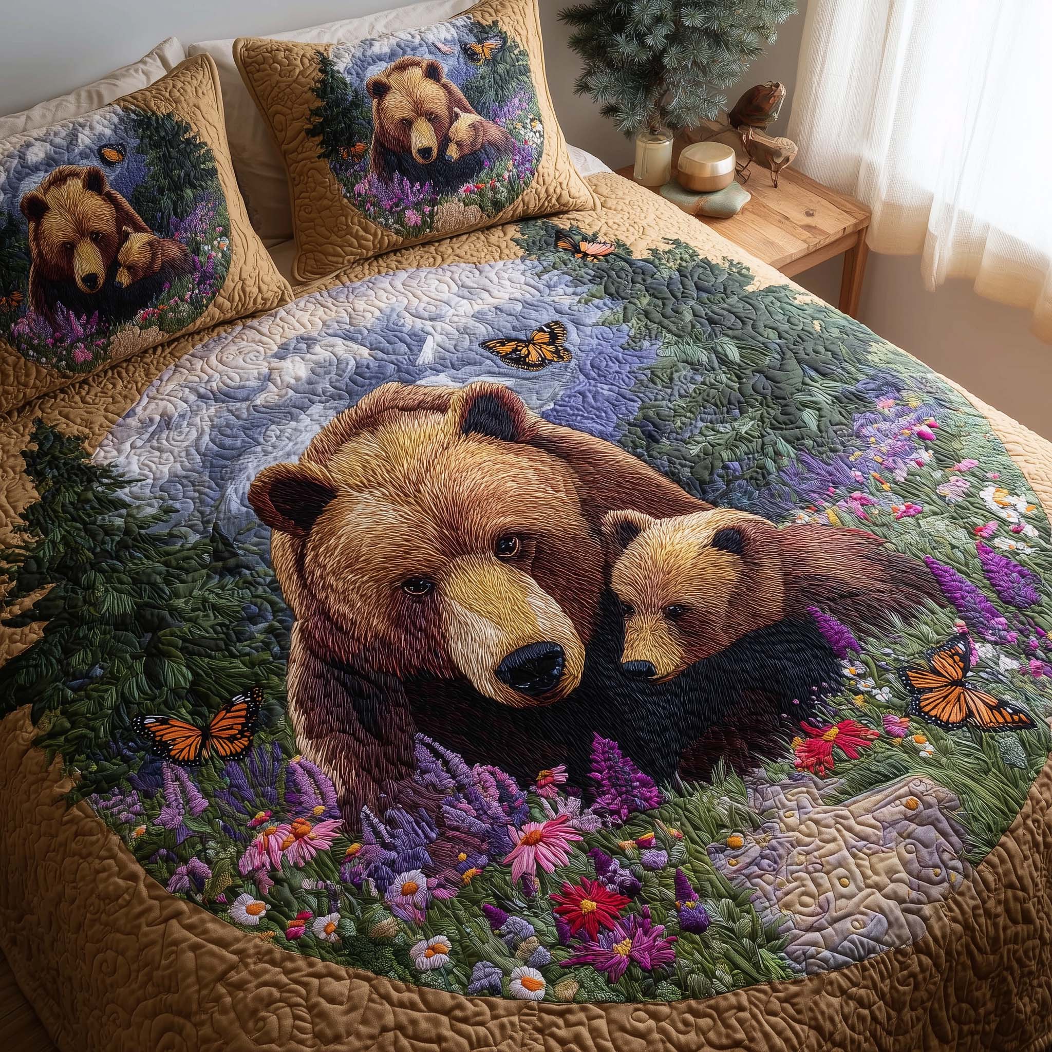 Bear Heaven Quilted Bedding Set Unique Bed Sheets Bear Gifts For Dad