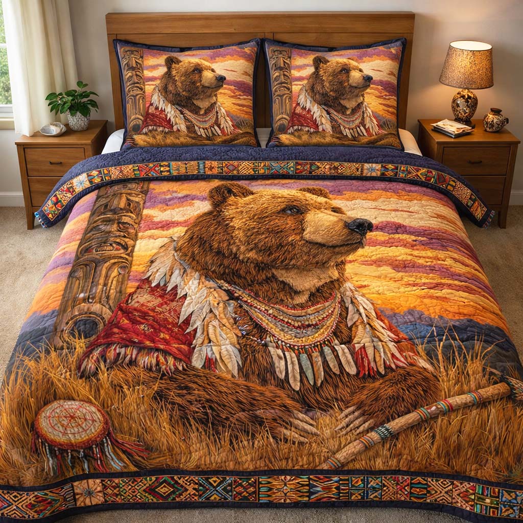 Bear Totem Strength Quilted Bedding Set Bedroom Decor Unique Native American Gifts
