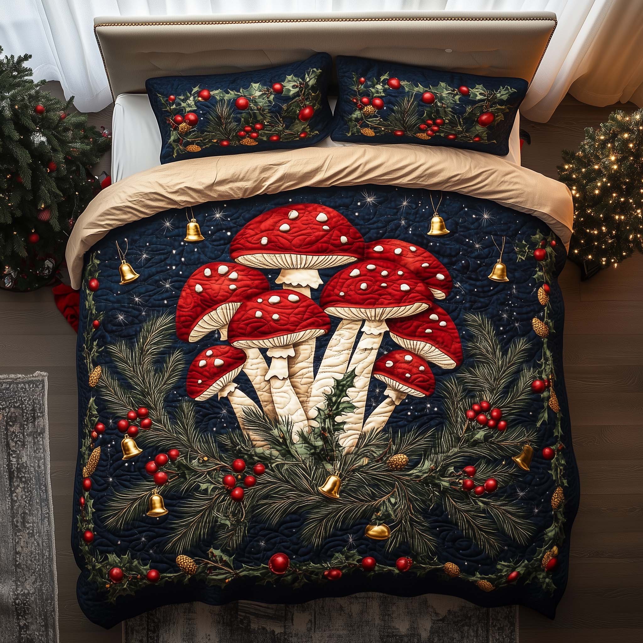 Bell Shrooms Quilted Bedding Set Xmas Duvet Covers Mushroom Presents