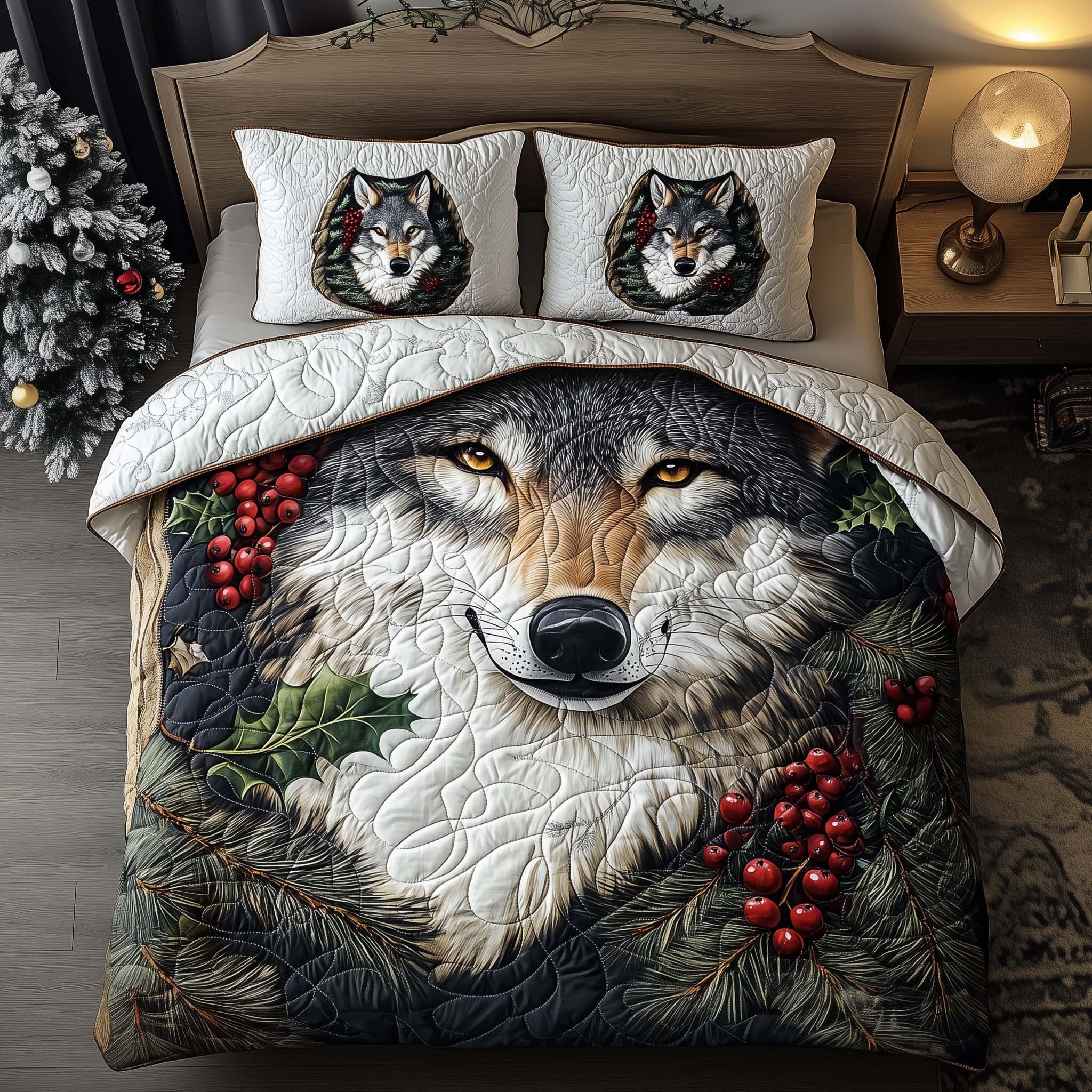 Berry Wolf Quilted Bedding Set Xmas Duvet Covers Unique Gifts For Wolf Lovers