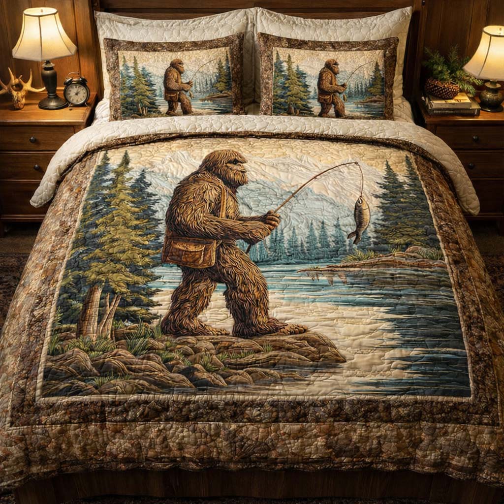 Bigfoot River Catch Quilted Bedding Set Bed Room Decoration Bigfoot Gifts For Adults