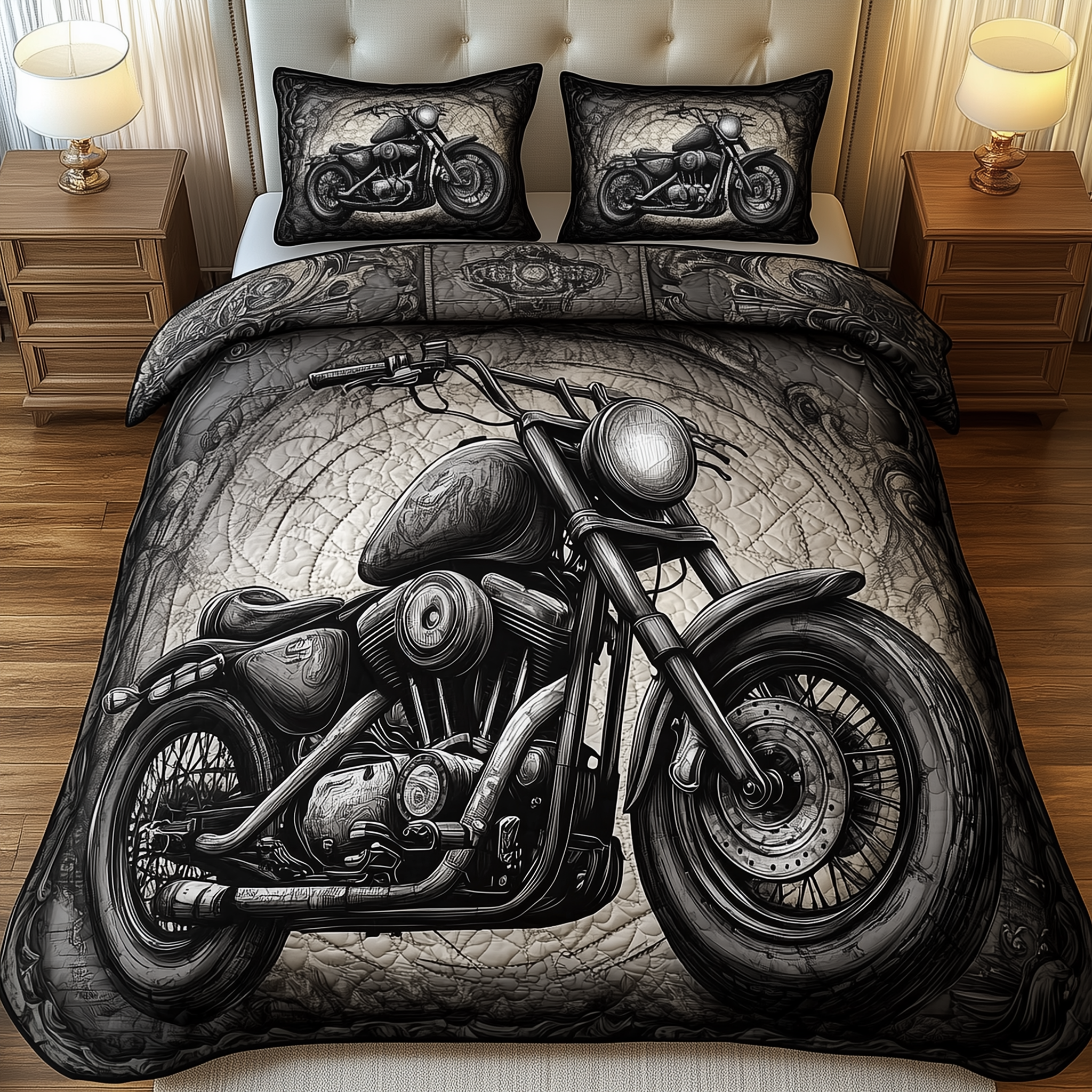 Black Motorcycle Quilted Bedding Sett Best Sheets Ever Fathers Day Presents