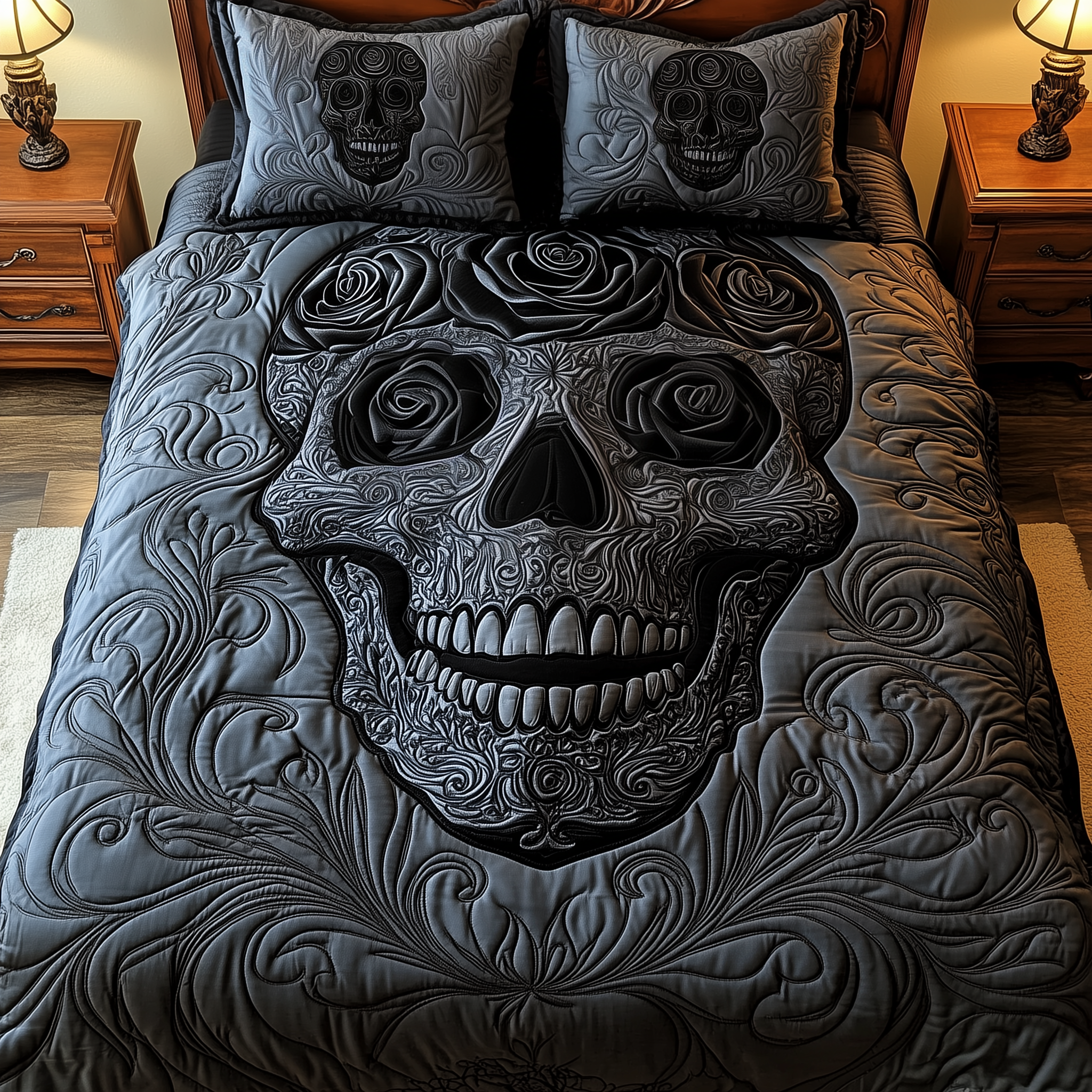 Black Rose Skull Quilted Bedding Set Best Sheet Sets Gifts For People Who Like Skulls