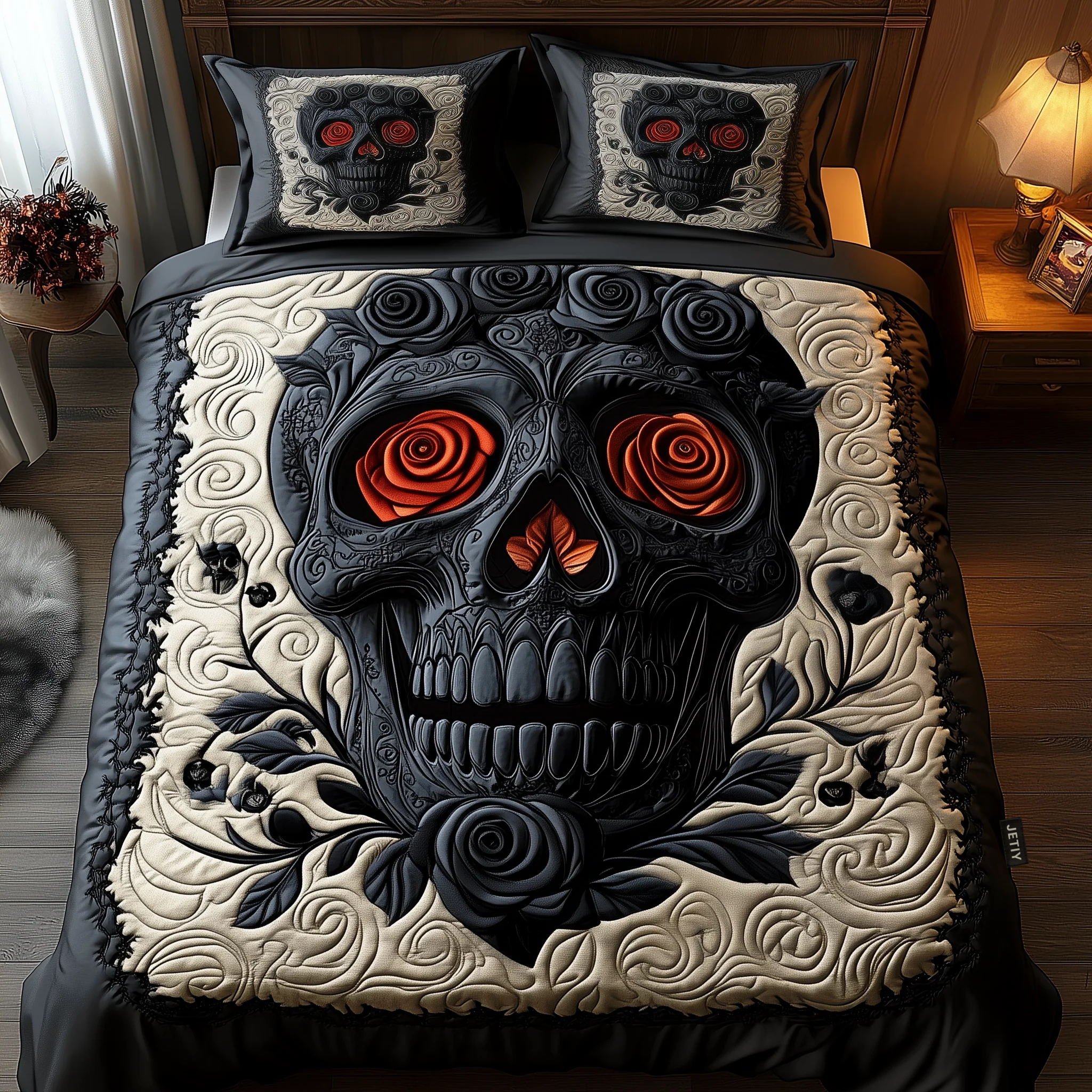 Black Rose Skull Quilted Bedding Set Boho Bedroom Furniture Skull Birthday Presents