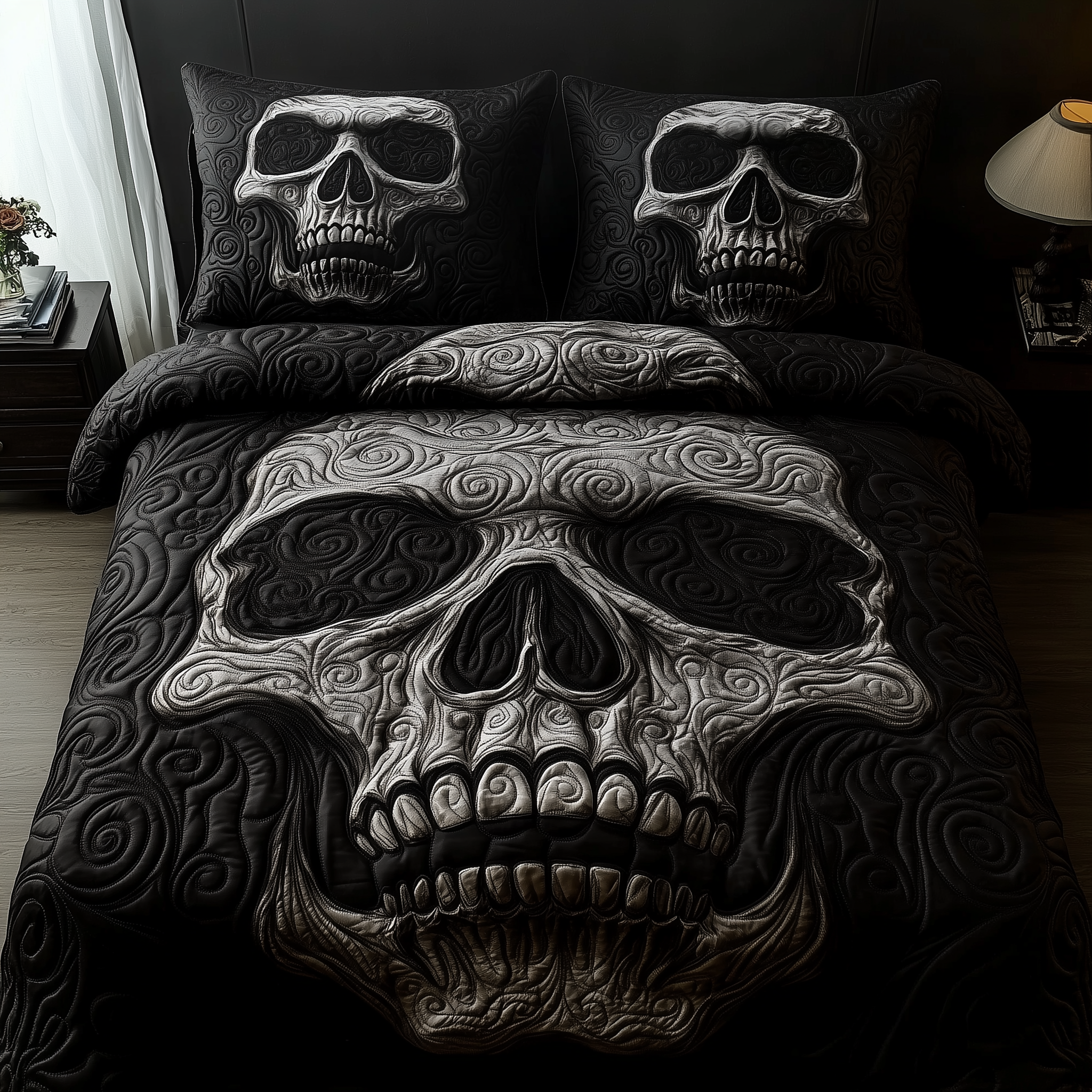 Black Skull Quilted Bedding Set Nice Bed Sheet Sets Skull Inspired Gifts