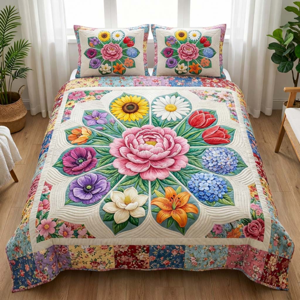 Bloom Rosette Quilted Bedding Set Unique Bed Sheet Set Mothers Day Ideas