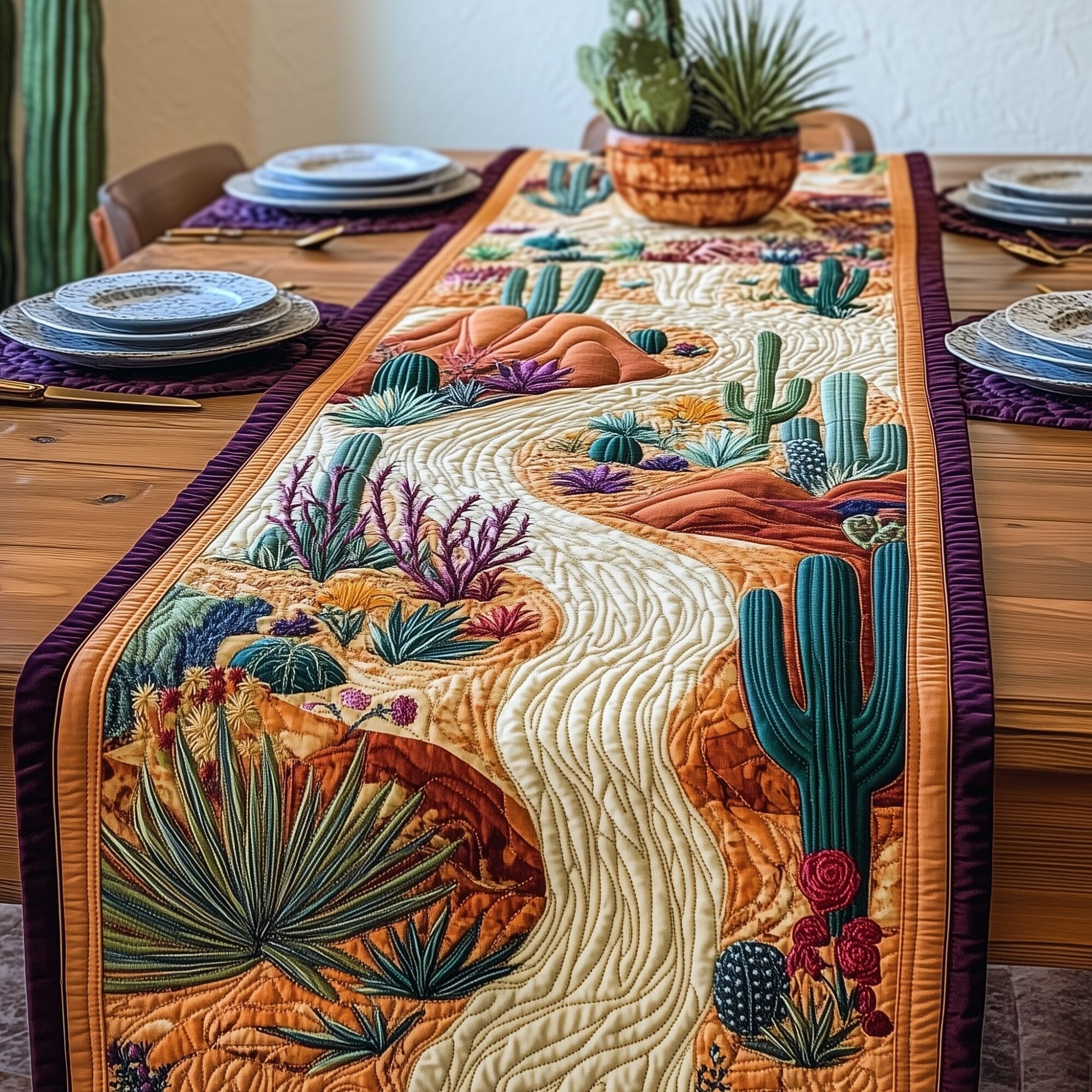 Blooming Cactus Quilted Table Runner Boho Macrame Table Runner Cactus Related Gifts