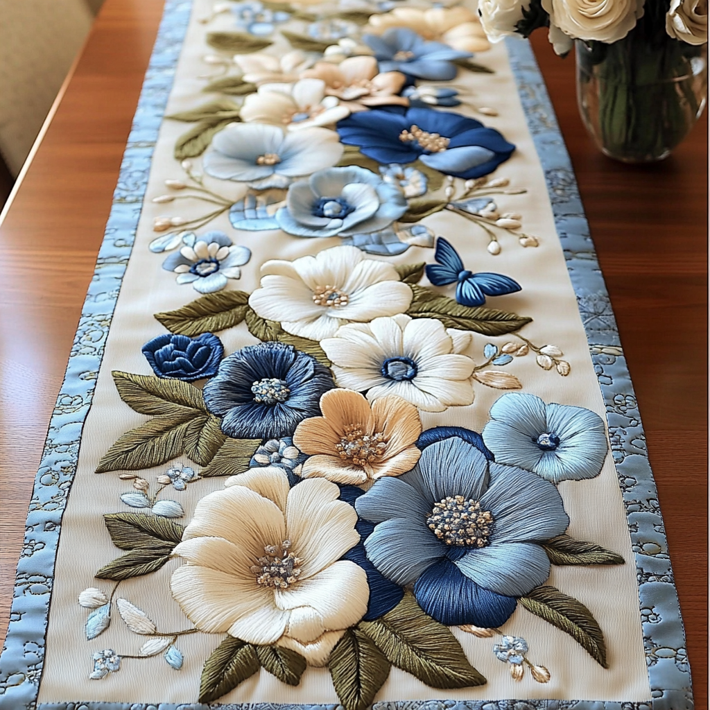 Blooming Elegance Quilted Table Runner Flower Table Runner Best Friend Gifts