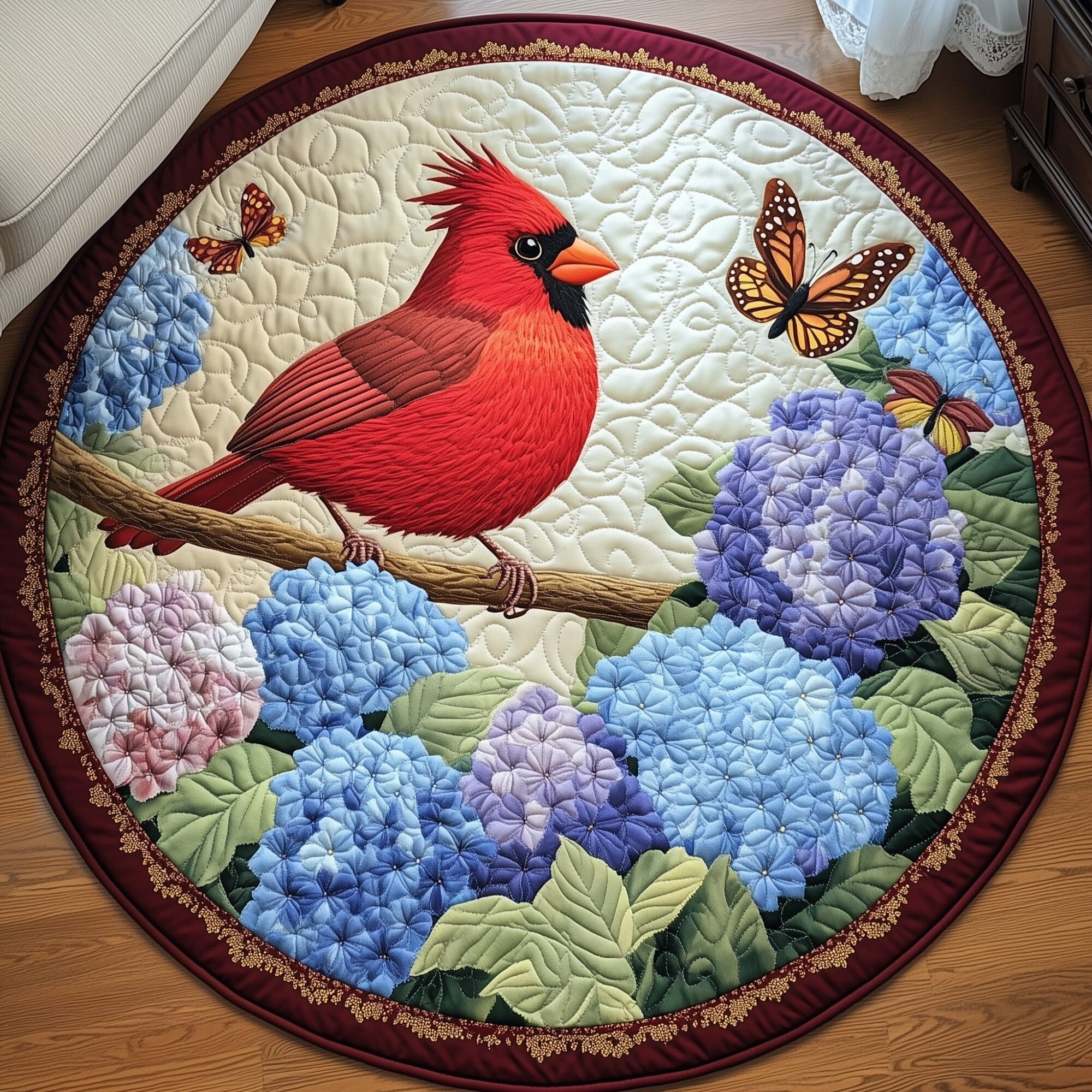 Blooming Hydrangea Carrdinal Quilted Round Mat Beautiful Quilted Round Mat Gift for Loved Ones