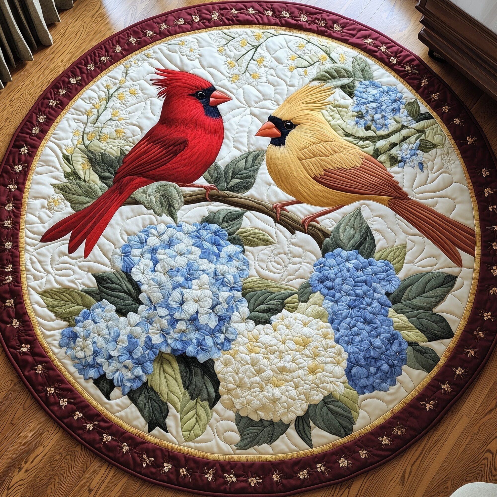 Blooming Hydrangea Carrdinal Quilted Round Mat Soft Cotton Quilted Round Mat for Daily Comfort