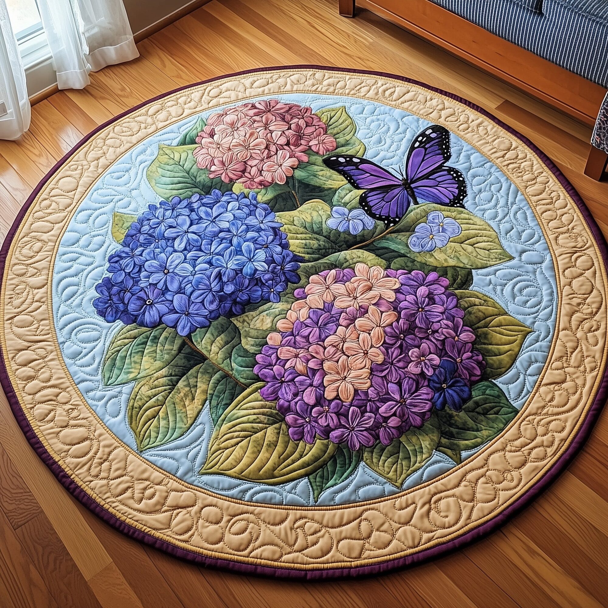 Blooming Hydrangea Paradise Quilted Round Mat Luxury Quilted Round Mat for Stylish Homes
