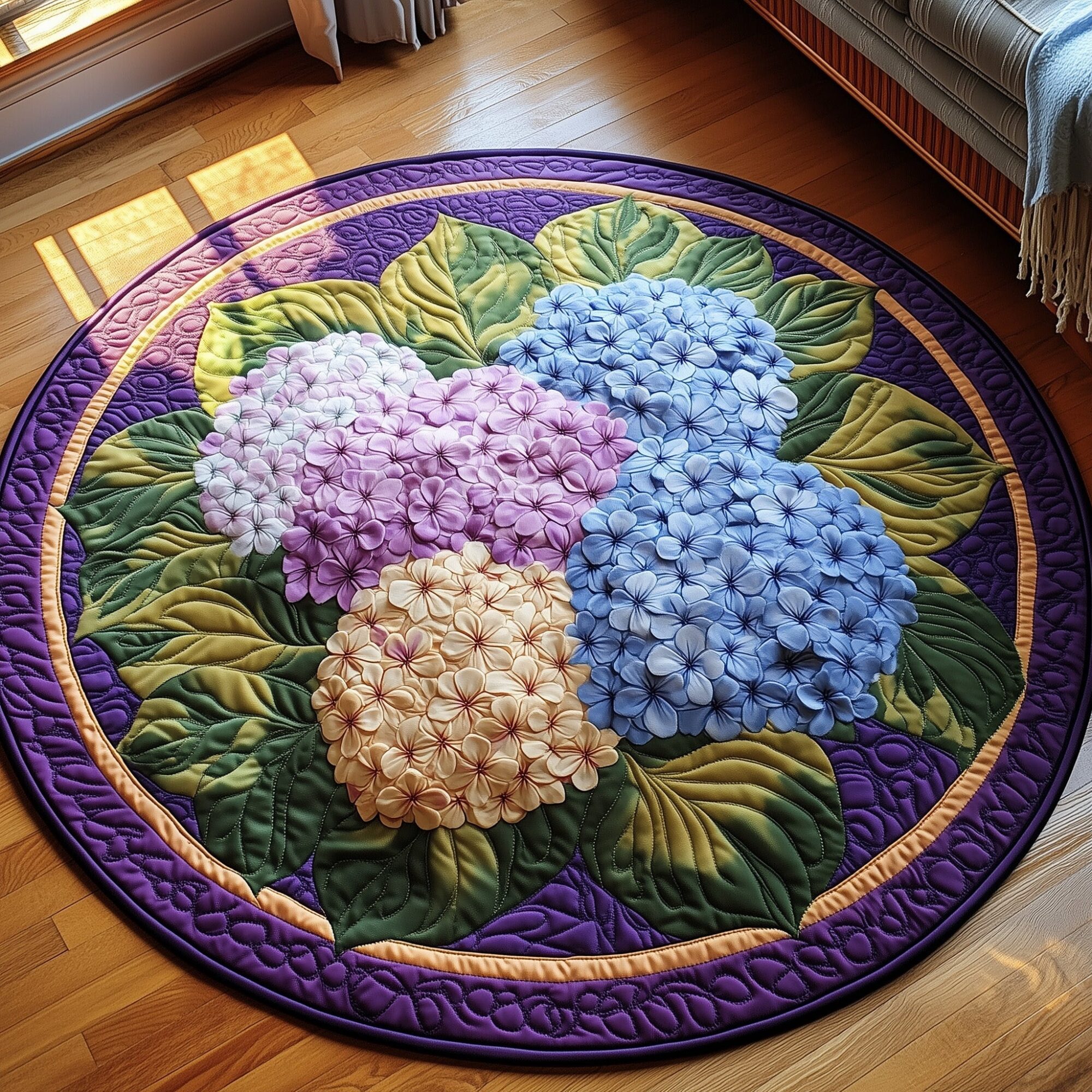 Blooming Hydrangea Paradise Quilted Round Mat Luxury Quilted Round Mat for Stylish Homes