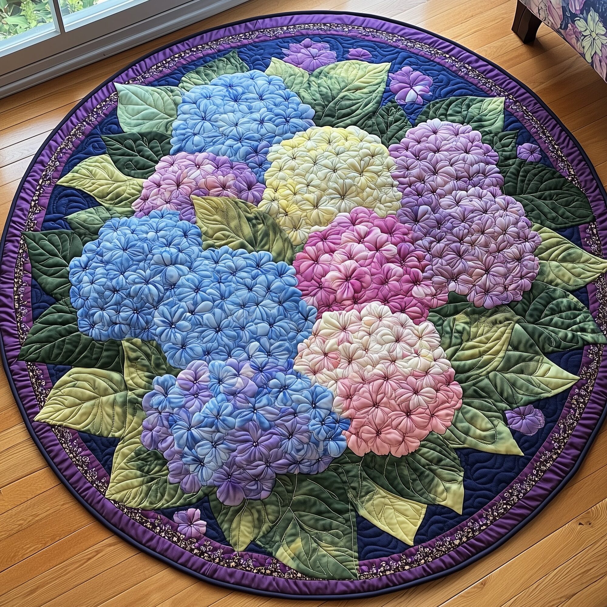 Blooming Hydrangea Paradise Quilted Round Mat Vibrant Quilted Round Mat to Brighten Your Room