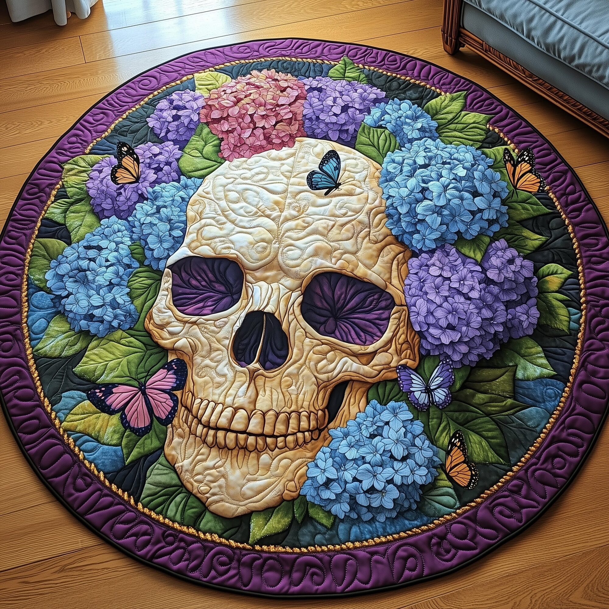 Blooming Hydrangea Skull Quilted Round Mat Eco-Friendly Quilted Round Mat for Sustainable Living