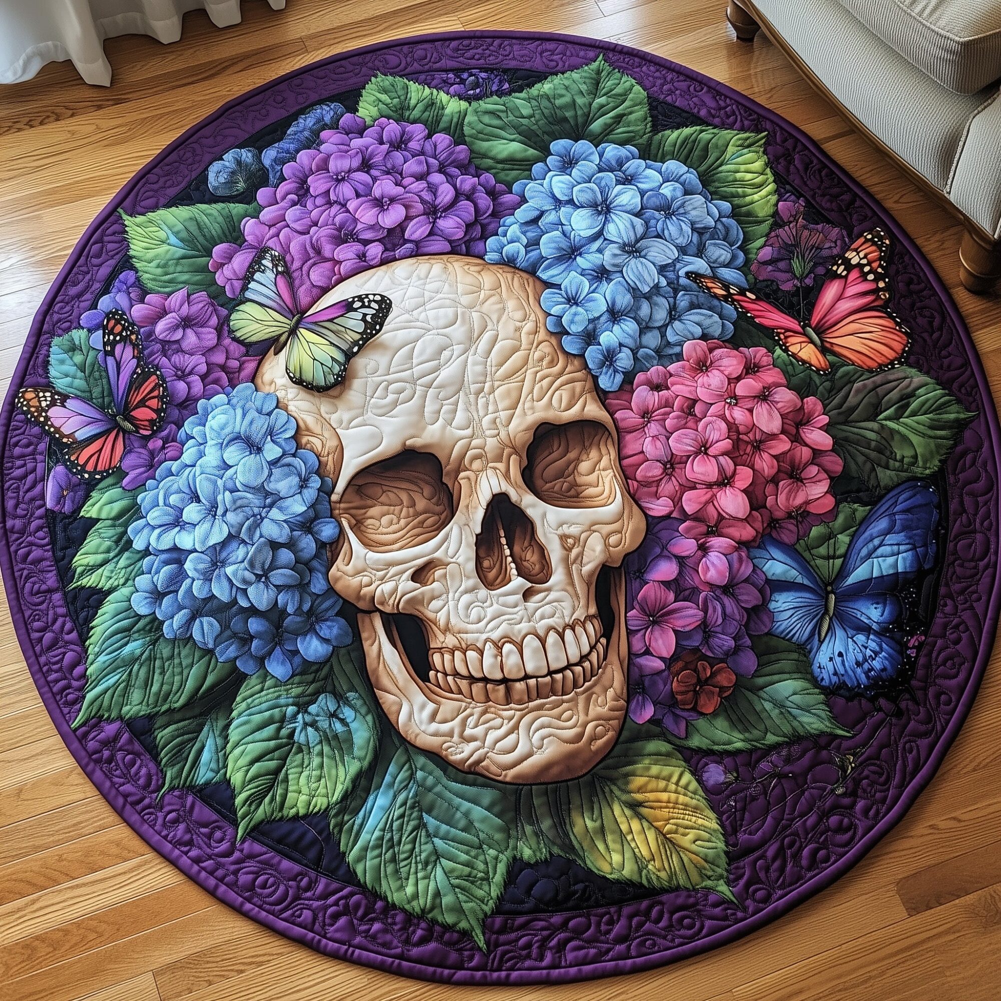 Blooming Hydrangea Skull Quilted Round Mat Non-Slip Quilted Round Mat for Safety and Style