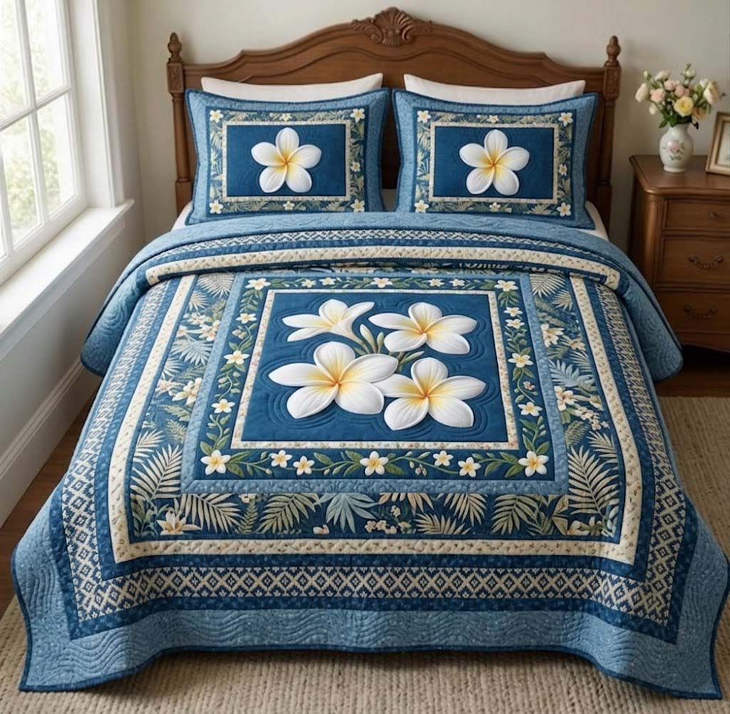 Blooming Plumeria Quilted Bedding Set Best Bedsheets Gifts For Mom Birthday