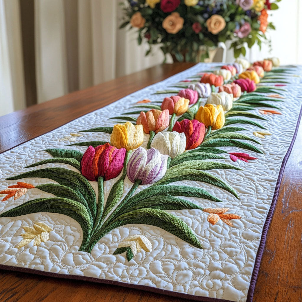 Blooming Tulip Rows Quilted Table Runner Dining Table Decor Tulip Gifts For Her