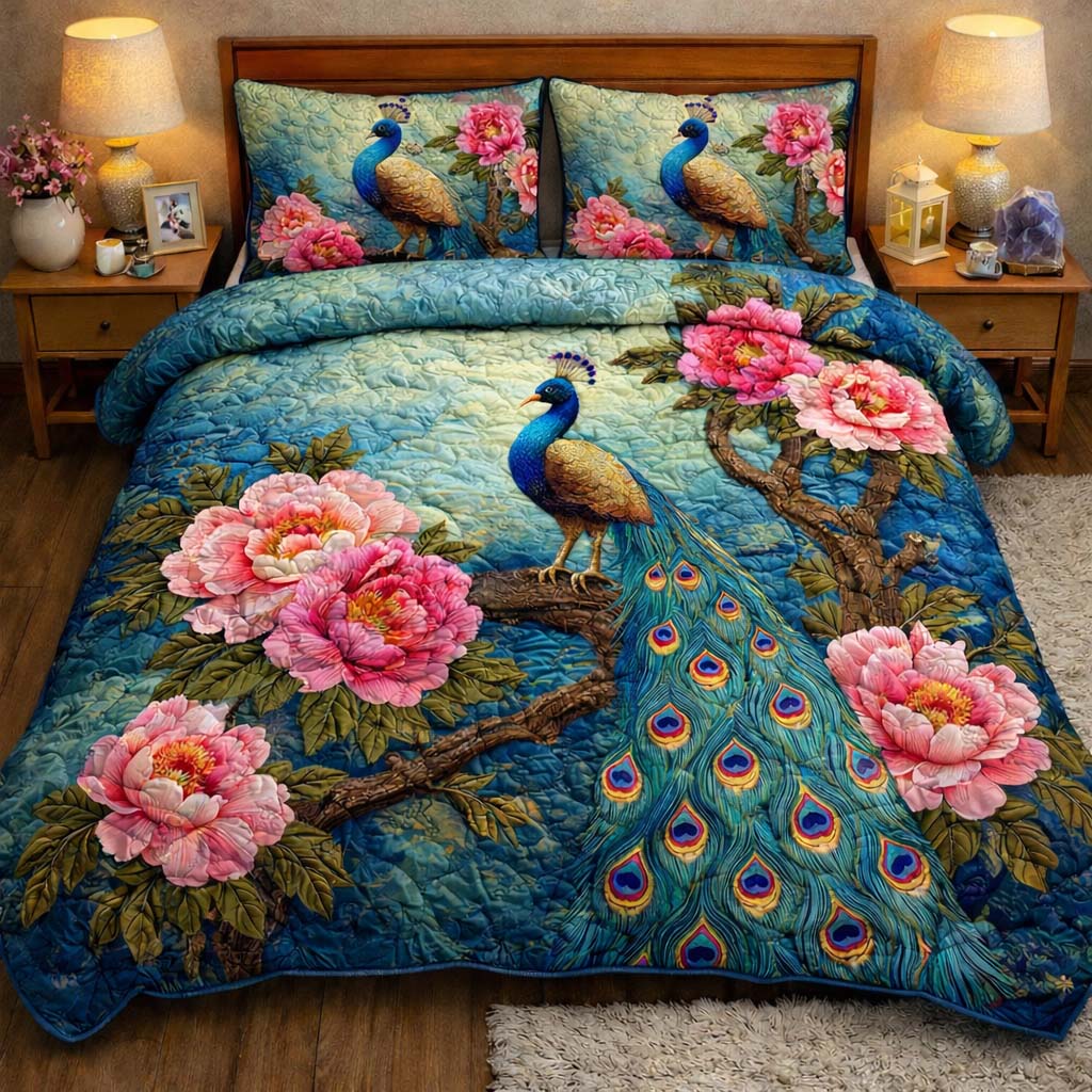 Blossom Branch Peacock Quilted Bedding Set Best King Bed Sheets Mardi Gras Gifts Items