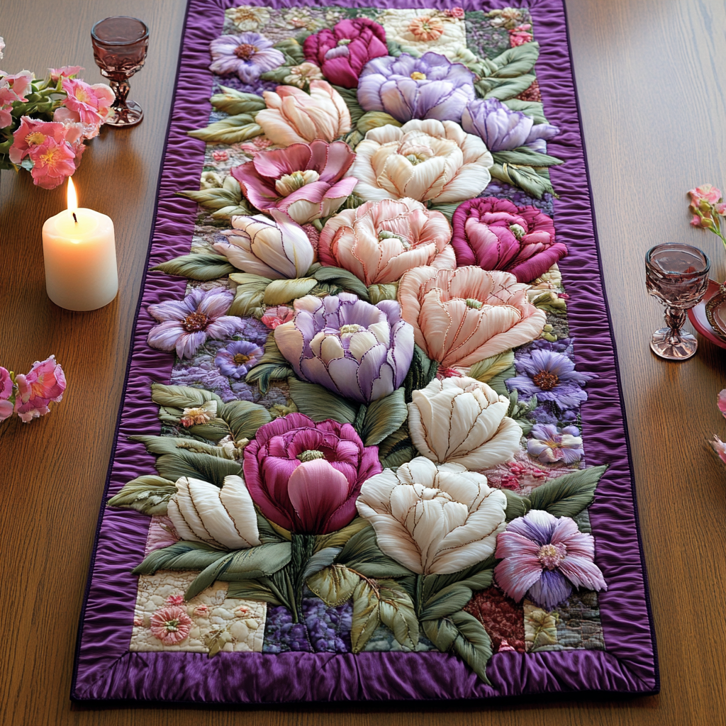 Blossom Charm Quilted Table Runner Dining Decor Best Gifts For Tulip Lovers