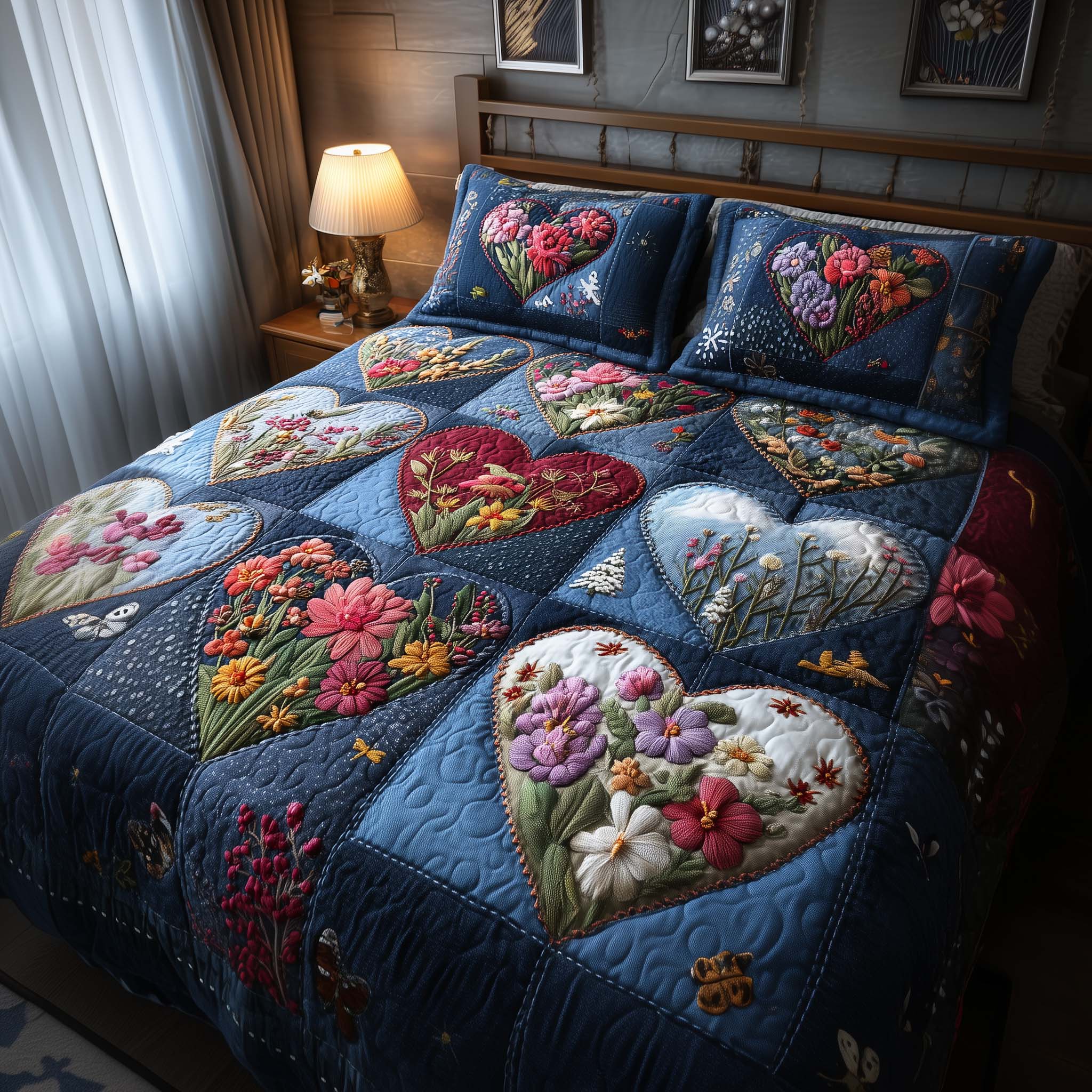 Blossom Heart Patchwork Quilted Bedding Set Bed Comforter Set First Time Mothers Day Gifts