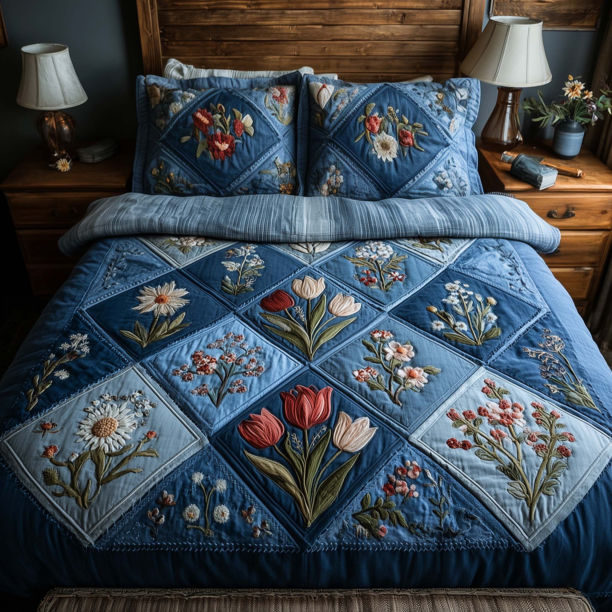 Blossom Heart Patchwork Quilted Bedding Set Bed Comforter Sets Presents For Mom Birthday