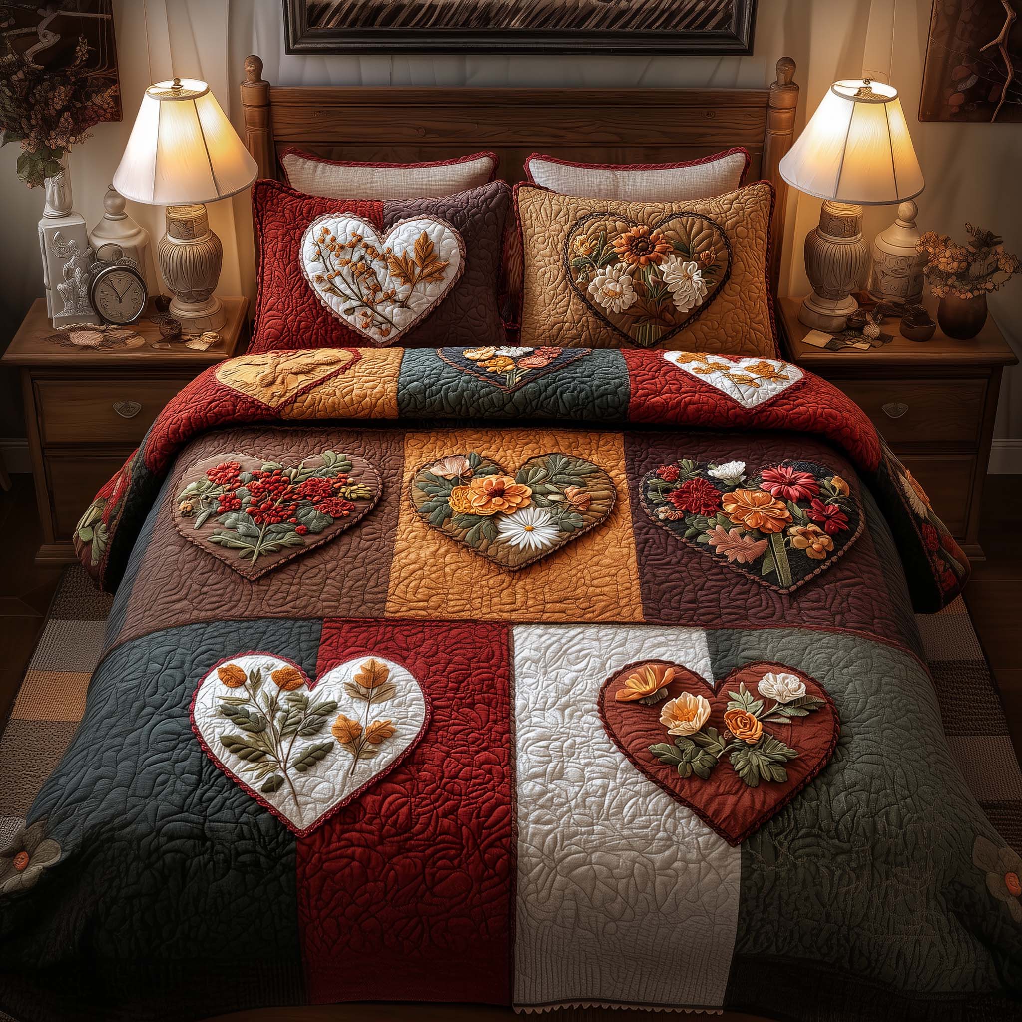 Blossom Heart Patchwork Quilted Bedding Set Bedspreads Mother's Day Gifts For Grandma