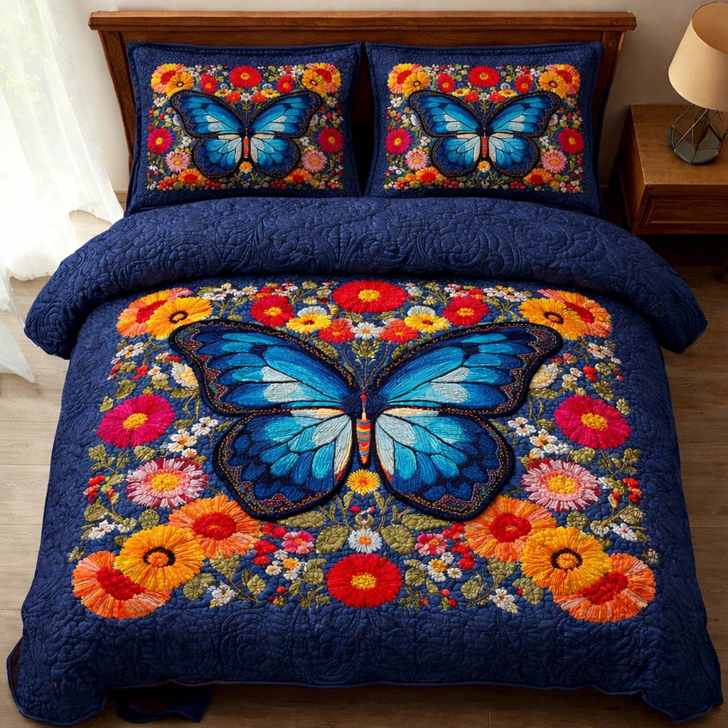 Blue Blossom Quilted Bedding Set Best Queen Sheets Best Butterfly Gifts