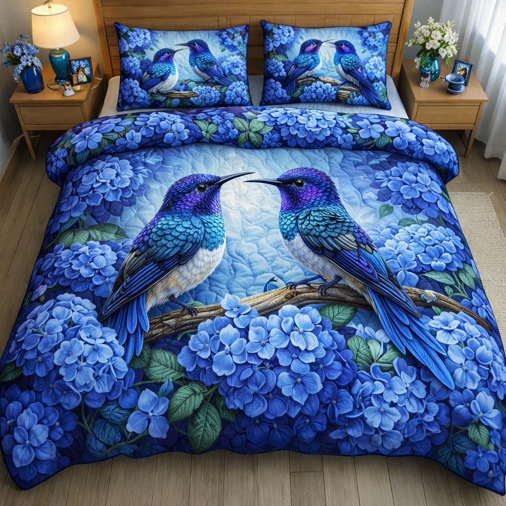 Blue Hydrangea Hummingbirds Quilted Bedding Set Bed Room Decoration Hummingbird Mother's Day Gifts