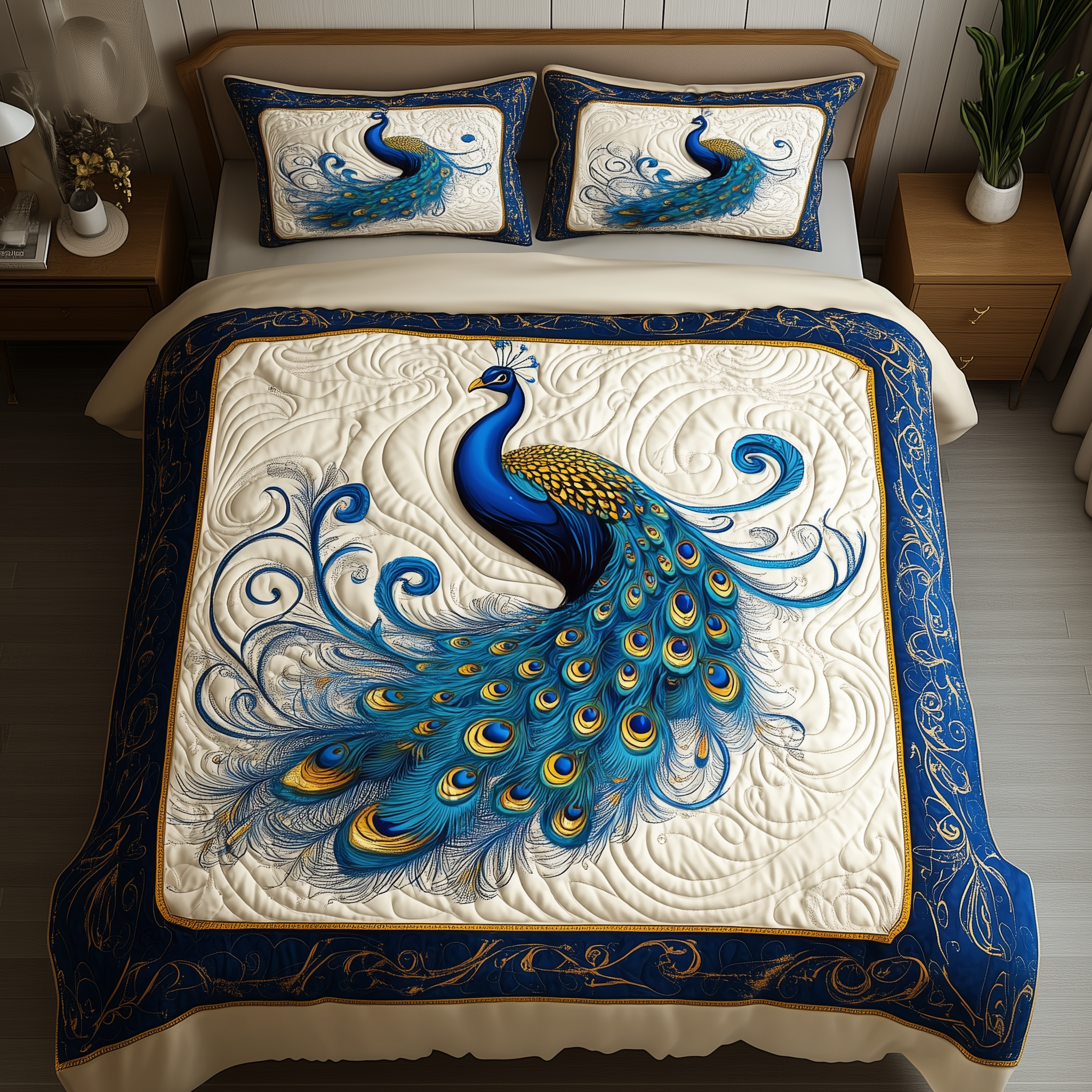 Blue Peacock Quilted Bedding Set Best Queen Sheets Mardi Gras Gift Shop