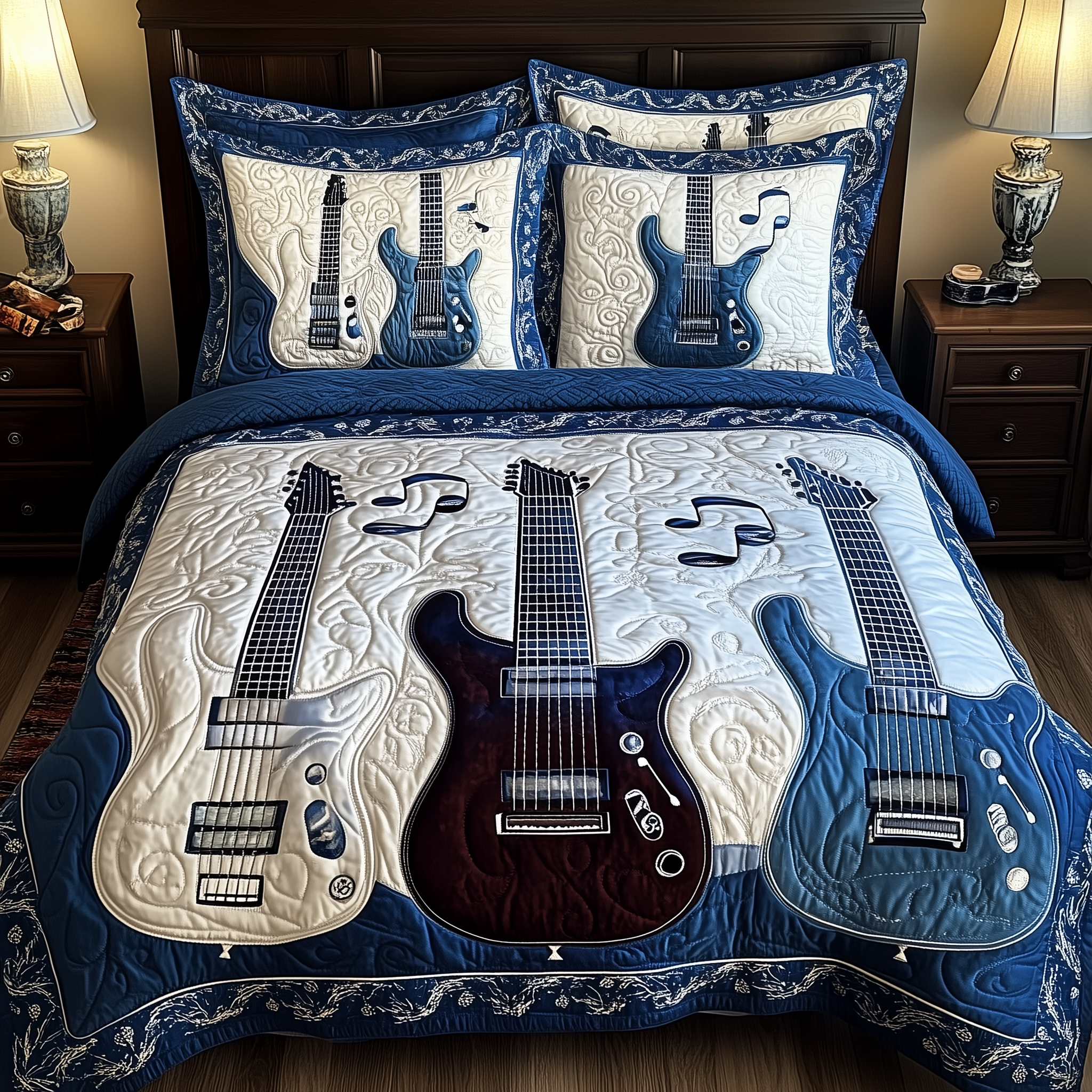 Blue Rock and Roll Quilted Bedding Set Bedroom Decor Gift Ideas For Guitar Players