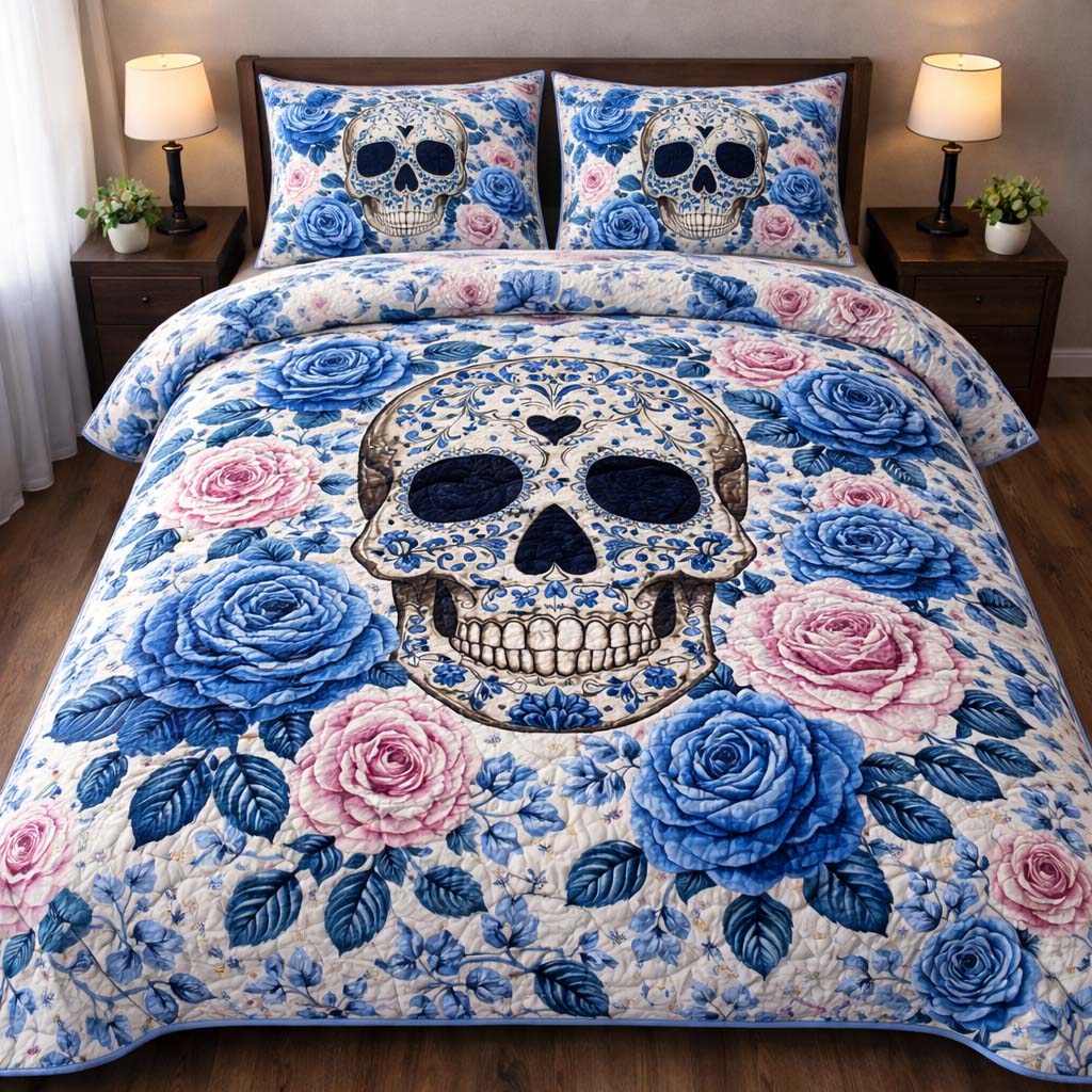 Blue Rose Skull Quilted Bedding Set Best Bedding Sets Gifts For People Who Like Skulls