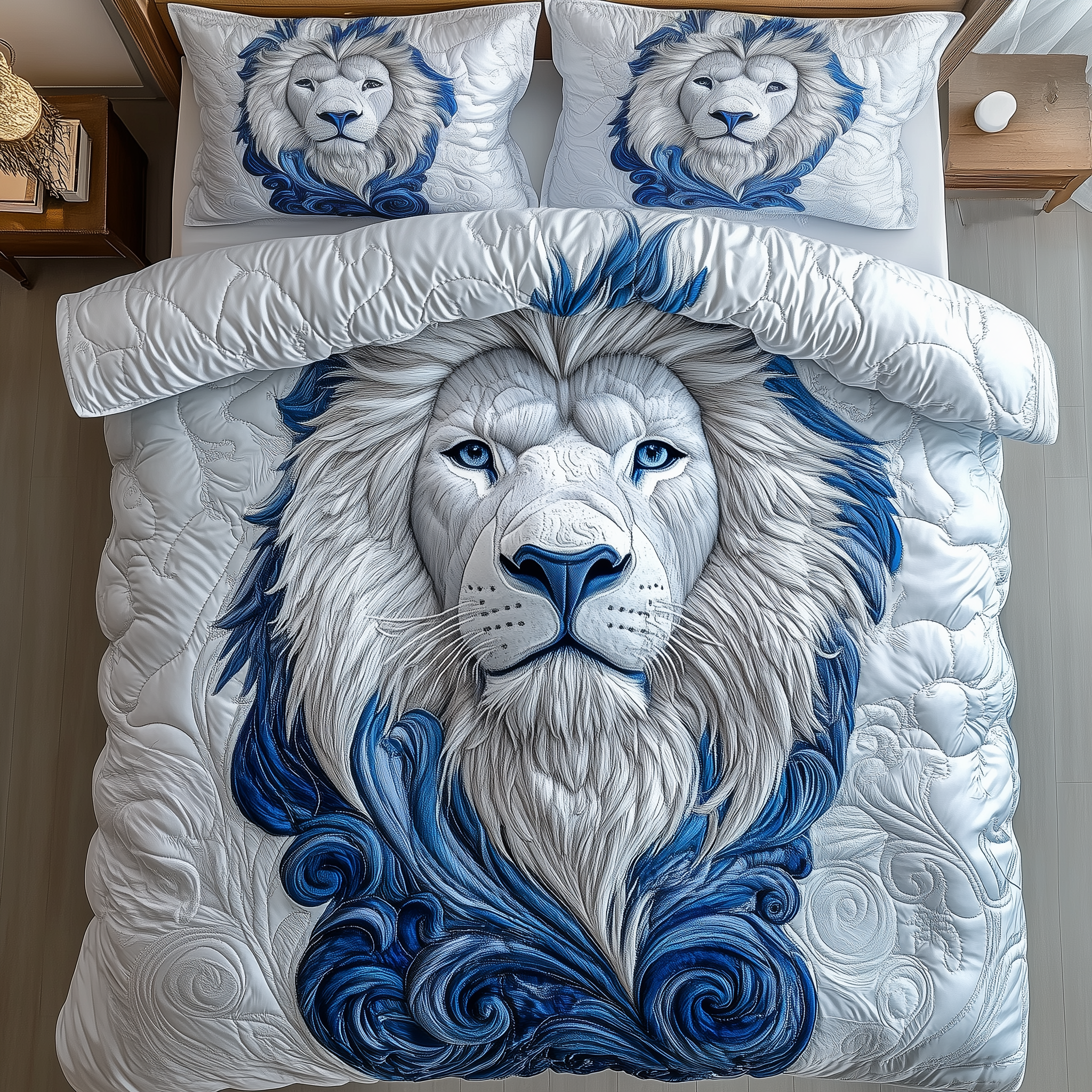 Blue Swirl Lion King Quilted Bedding Set Bedspreads Lion Gifts For Him Her