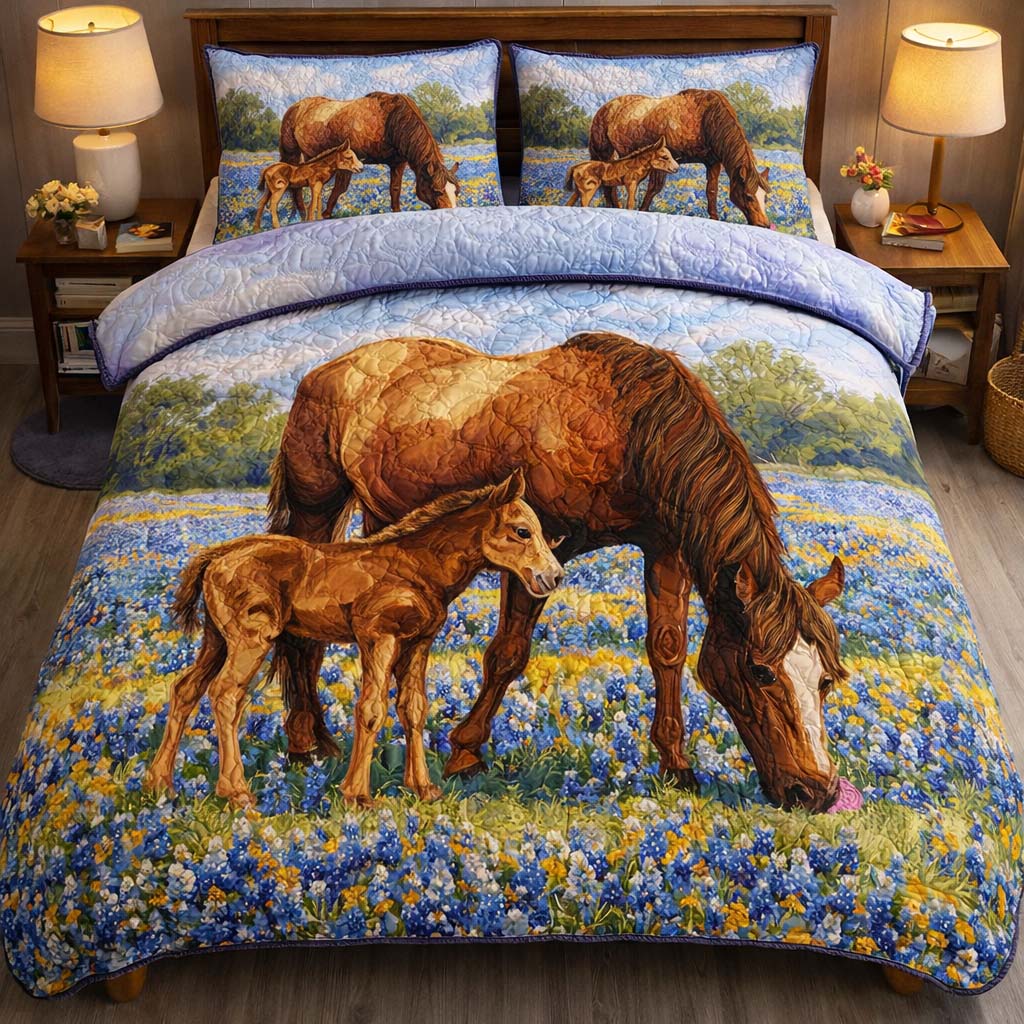 Bluebonnet Meadow Mare Quilted Bedding Set Cozy Bedroom Ideas Gifts For Horse Enthusiasts