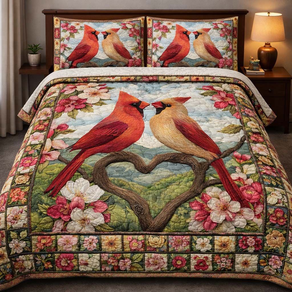 Blushing Cardinal Love Quilted Bedding Set Nice Bed Sheet Sets Cardinal Themed Gifts